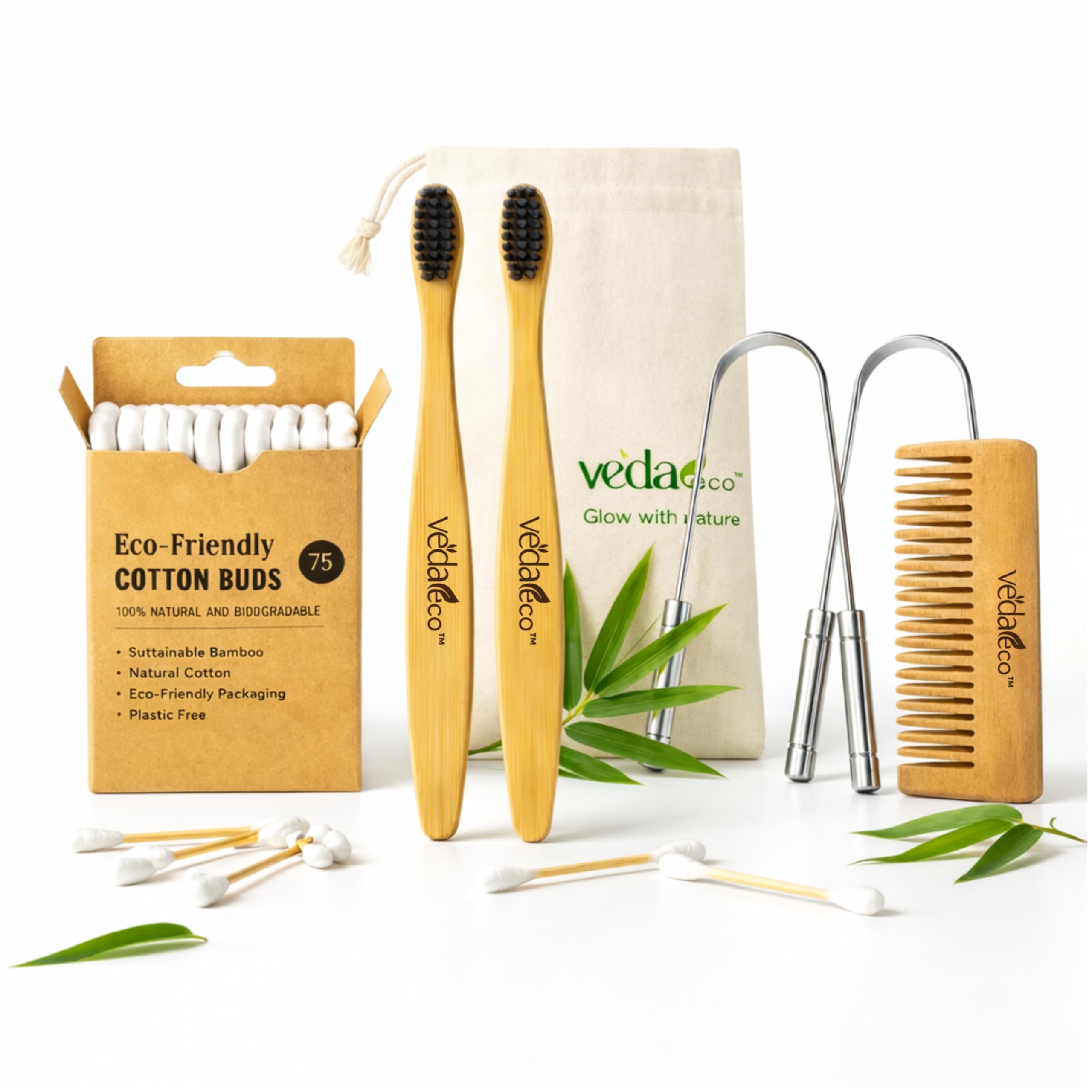 Complete Eco Care Personal Care Kit - Bamboo Toothbrush (2), Tongue Cleaner (2), Neem Comb, Cotton Buds with Storage Pouch, Sustainable Hygiene Set-image-34