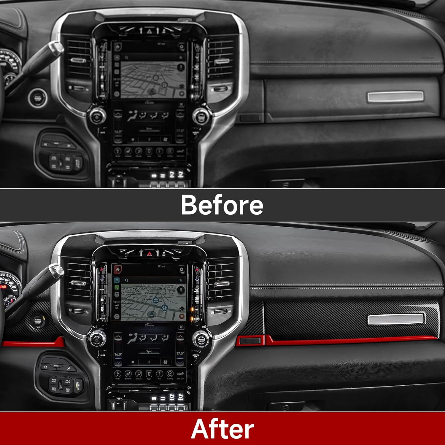 Car Dashboard Panel Trim Decals for 2019-2026 Dodge Ram 1500 2500 3500 Accessories Carbon Fiber Stickers, Black Red