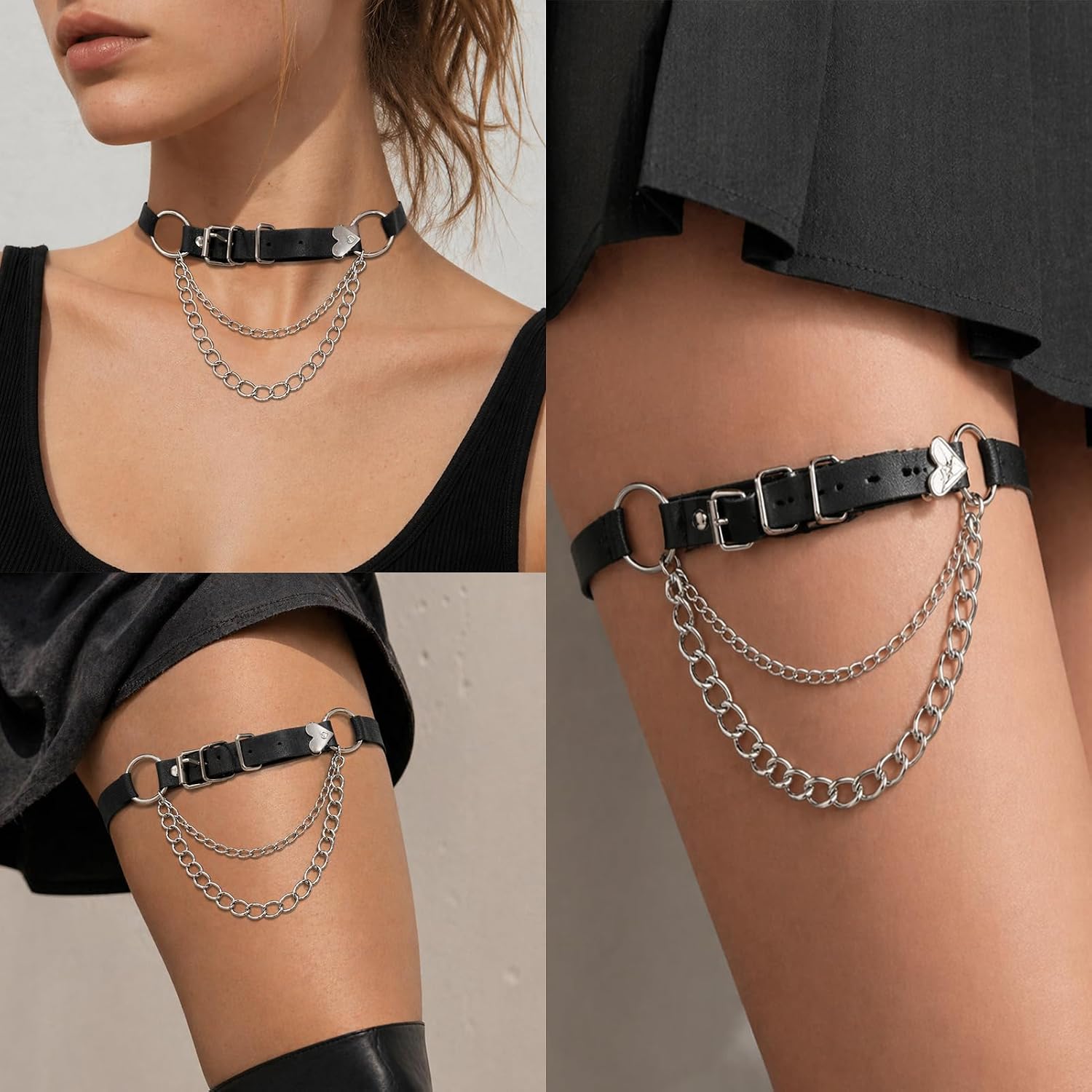 2 Pcs Thigh Garter Belts, Leather Garter Belt Thigh Strap | 13.8"-21.7" Heart-Shaped Adjustable Punk Leg Garter Thigh Chains Girls Body Thigh Harness Leg Accessories for Women, Black