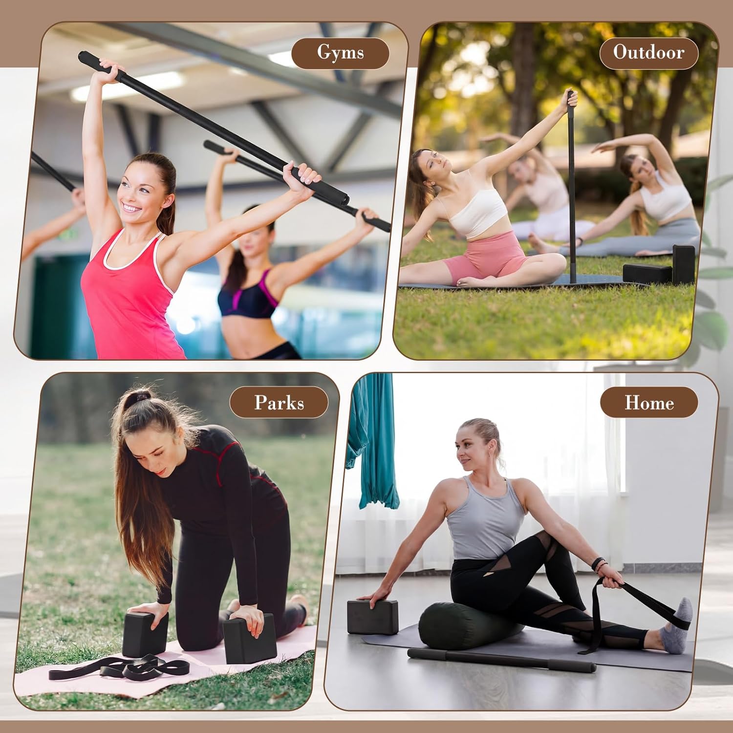 4 Pcs Yoga Stick with Exercise Strap Yoga Blocks Exercise Rod Workout Staff 58 Inch Sturdy Carbon Steel Stretching Stick Adjustable Rod with Non Slip Ends for Physical Pilates