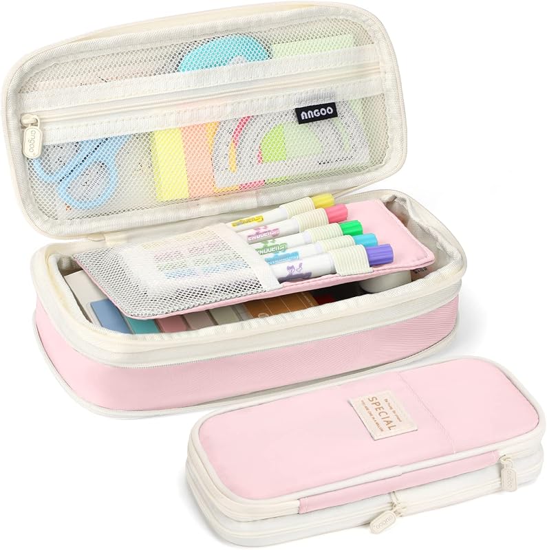 KPX Big Capacity Pencil Pen Case Bag with Zipper Office College School Storage Large Capacity Bag Pouch Holder Box Organizer Colorful (Pink)