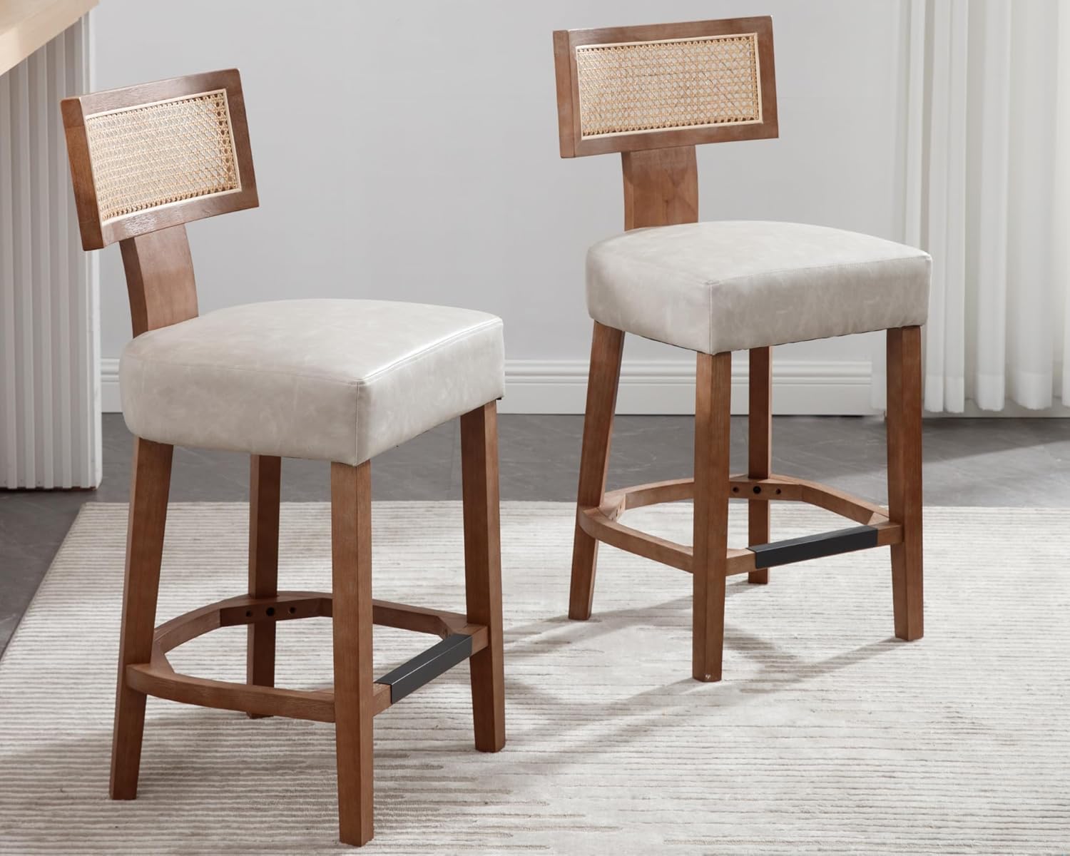 VESCASA Counter Height Barstools with Natural Wood Legs, 26.5" H Faux Leather Upholstered Counter Stool Chairs with Rattan Back Footrests for Kitchen Island, Bar, Pub, Set of 2, Light Grey