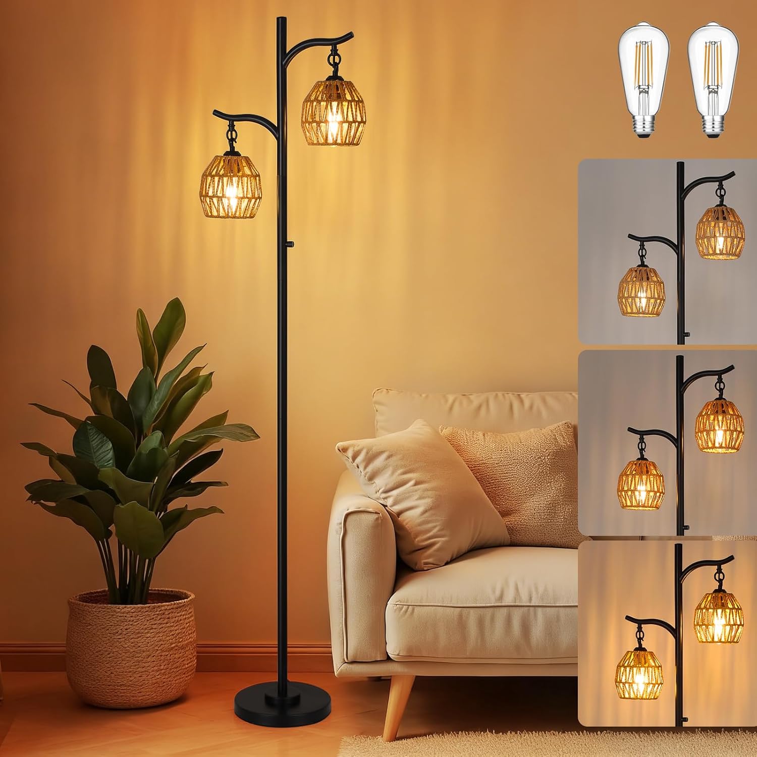 9MMML Floor Lamp for Living Room, Farmhouse Industrial Dimmable Floor Lamps with 2 Hanging Teardrop Cage, Vintage 67'' Tall Black Tree Standing Lamp for Bedroom Office, 2 x 800LM LED Bulbs Included