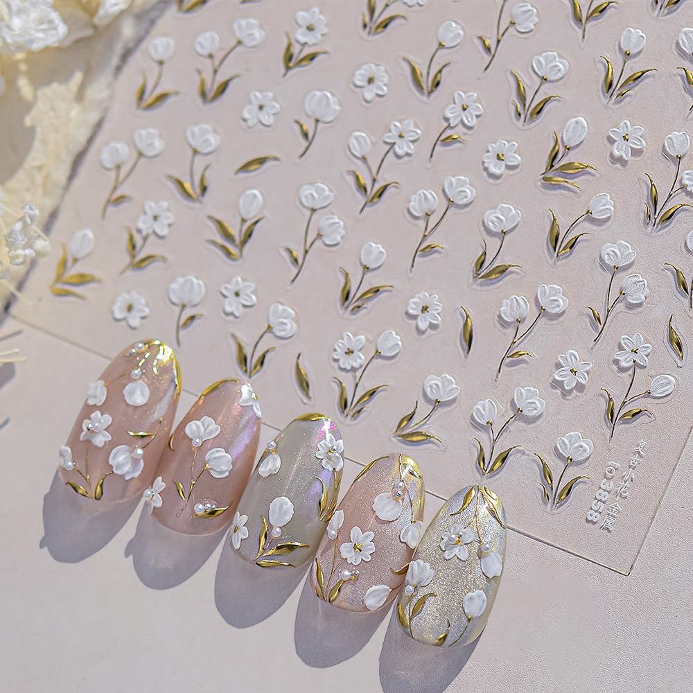 5D White Flower Nail Stickers for Women, 5D Embossed Tulip Nail Decals Self Adhesive Flower Stickers for Nails Design Spring Summer Floral Decor Sticker Nails Supplies Vintage Flowers Nail Art Decals