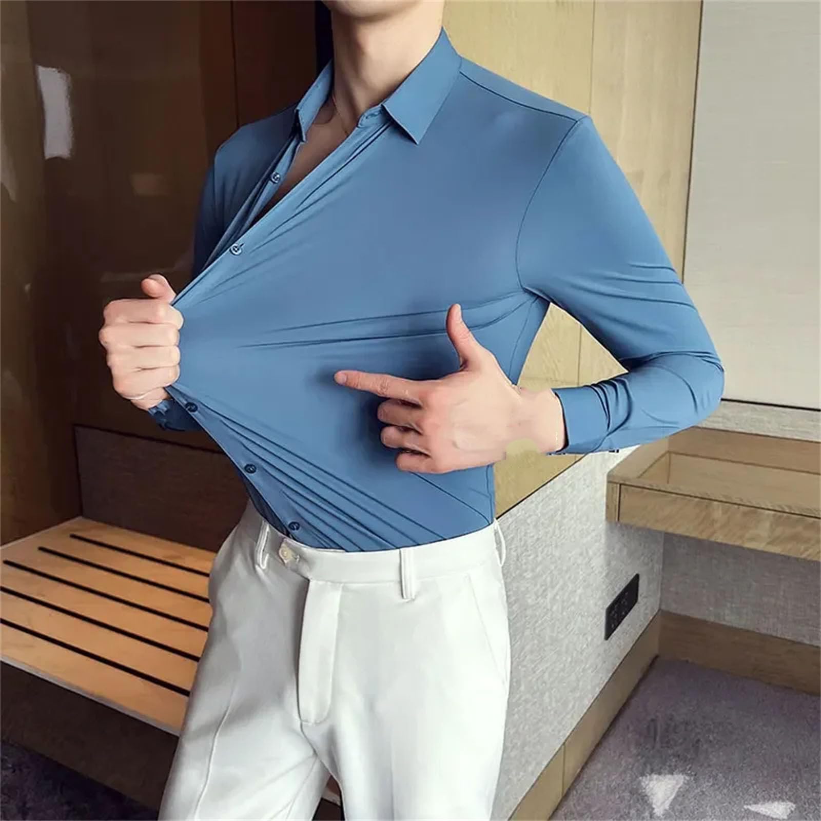 Camisa elástica de manga larga para hombre, no necesita planchado, ropa de trabajo, profesional, cuello alto, color liso