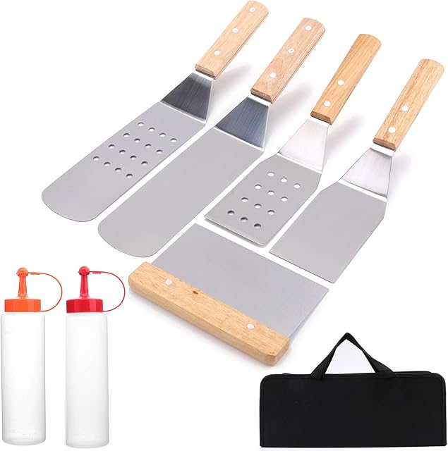 Yarlung 7 Pieces Griddle Accessories Kit with Black Bag, Stainless Steel Grill Spatula Set for BBQ, Hibachi, Teppanyaki, Grill Flat Top Outdoor Cooking, Camping, Wooden Handle