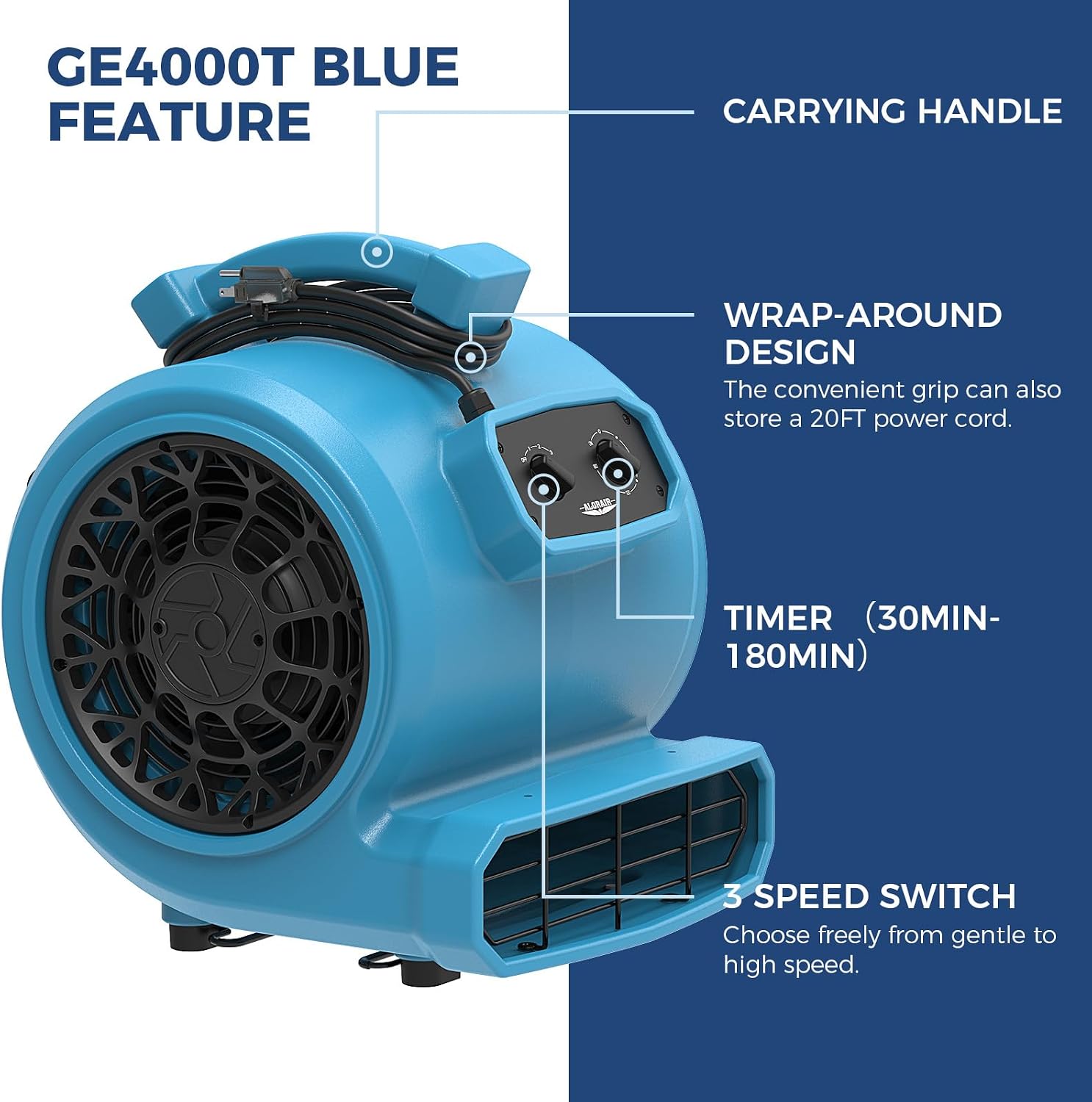 ALORAIR Air Mover 3 Speed Floor Drying Fan 5 Angle Blower Fan - GE4000T