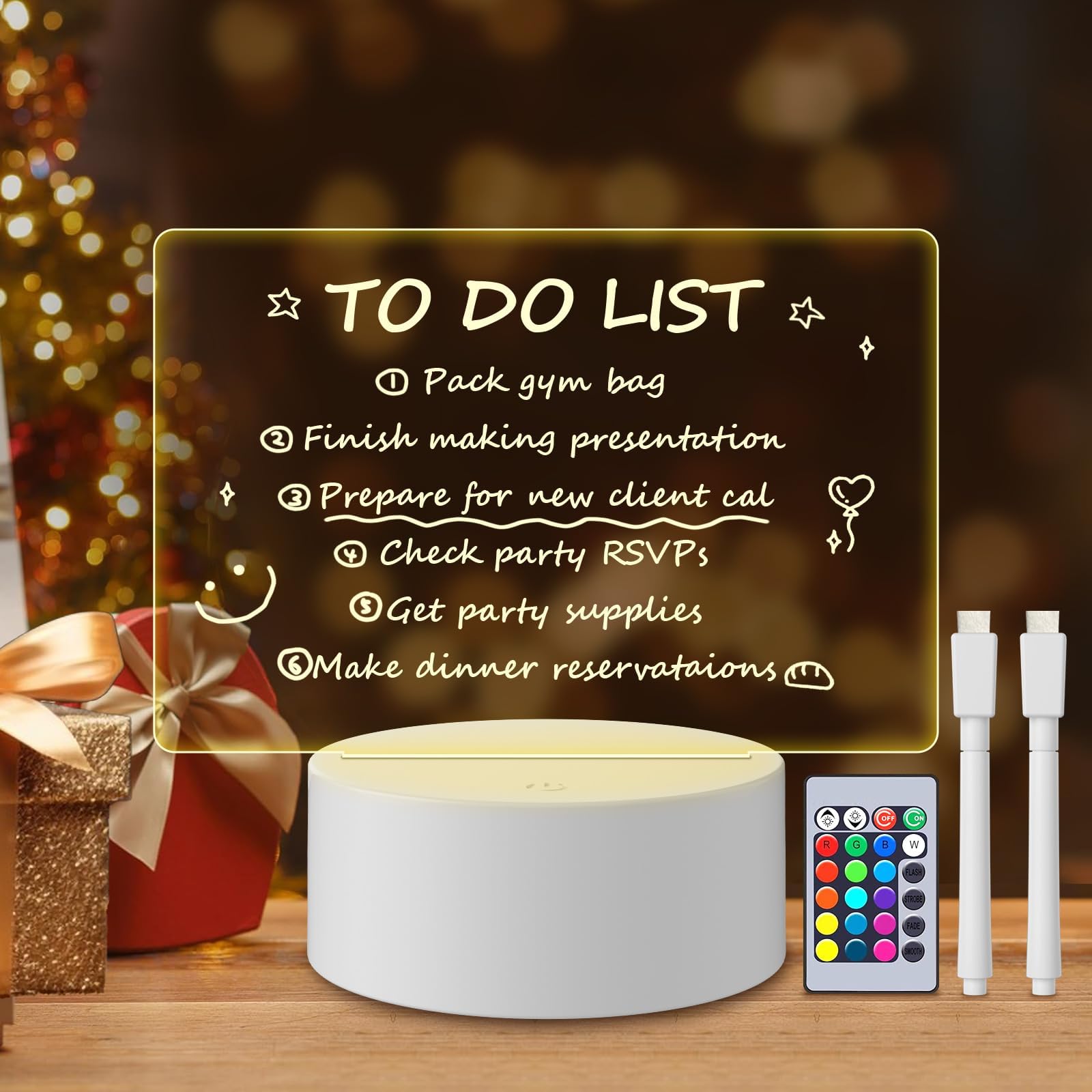 Acrylic Dry Erase Board with Light, LED Message Board, DIY Note Memo Board with 16 Colors Remote Control/2 Power Modes, 7.1×5.7”Rewritable Clear Desktop Night Light for Room Decor Christmas Gift
