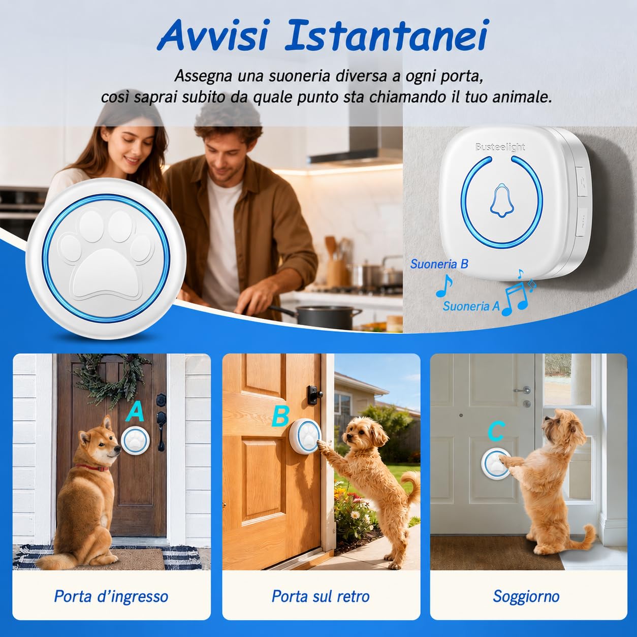 A6 Wt Campanello Intelligente per Cani Senza Fili 300 m – Pulsante per Cani Touch con LED, 60 Melodie, Impermeabile, Sistema di Comunicazione per Animali Domestici (1 campanello e 2 ricevitori)