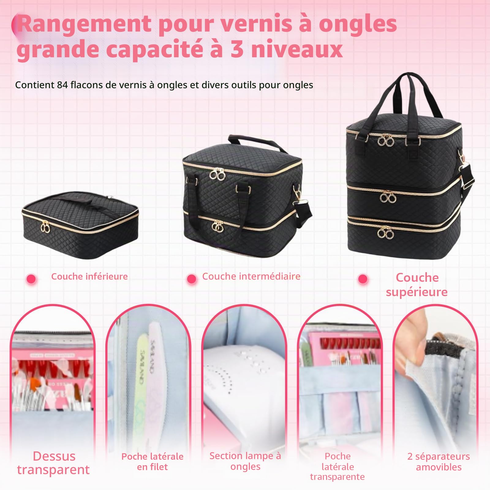 Rangement Vernis a Ongle, Organisateur de Vernis à Ongles à 3 étages pour 84 Flacons de Vernis à Ongles et 1 Lampe LED, Mallette Pratique avec Poignée et Bandoulière pour Accessoires de Manucure