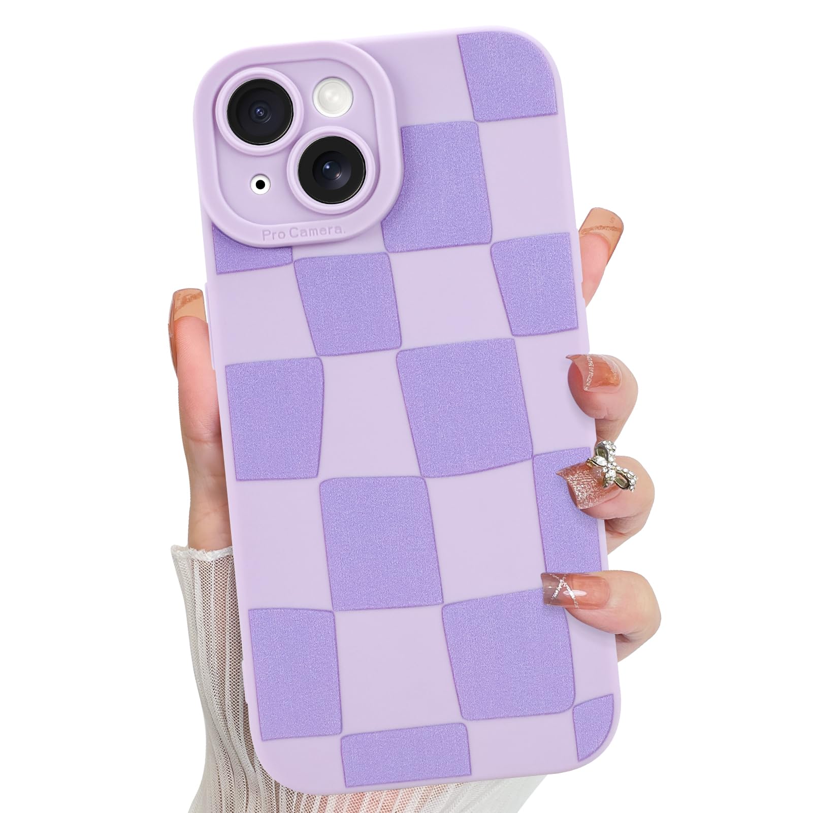KANGHAR Compatible with iPhone 13 Case, Silicone Checkered Cute Pattern, Camera Protection Soft Slim Phone Case for Phone Case -Purple