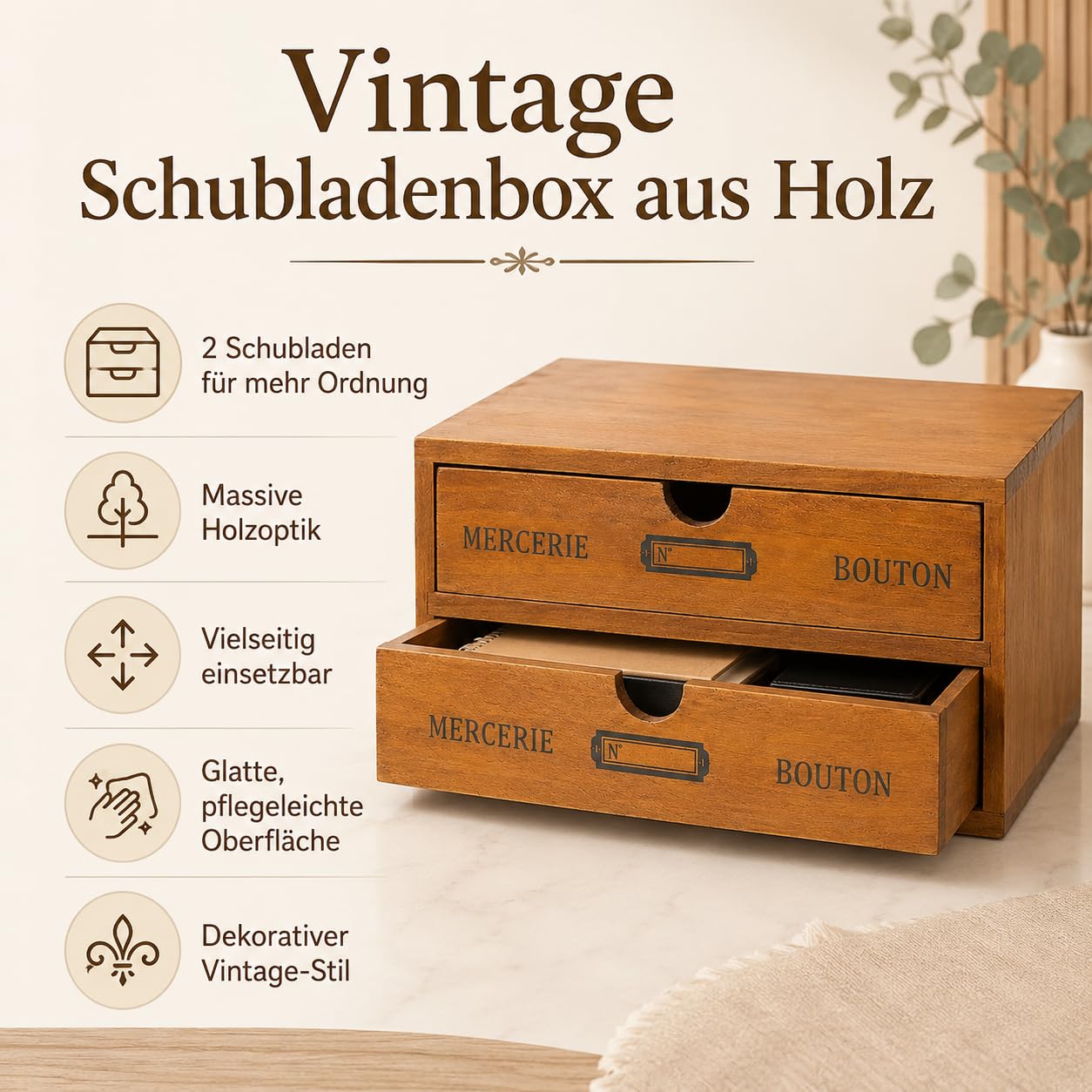 Schubladenbox Holz 24.5 x 17.5 x 12.5 cm Vintage Stil doppelschichtig stabile Aufbewahrung Schreibtisch Organizer für Büro Wohnzimmer Schlafzimmer Ordnung