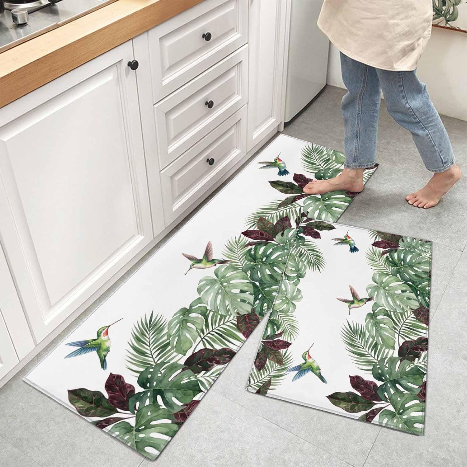 Kitchen Mats for Floor Summer Hummingbird Green Leaf Washable Non Slip Kitchen Rugs 2PCS, Tropical Bird Monstera Palm Leaves Absorbent Standing Mats for Sink Living Room 15.7x23.6in+15.7x47.2in