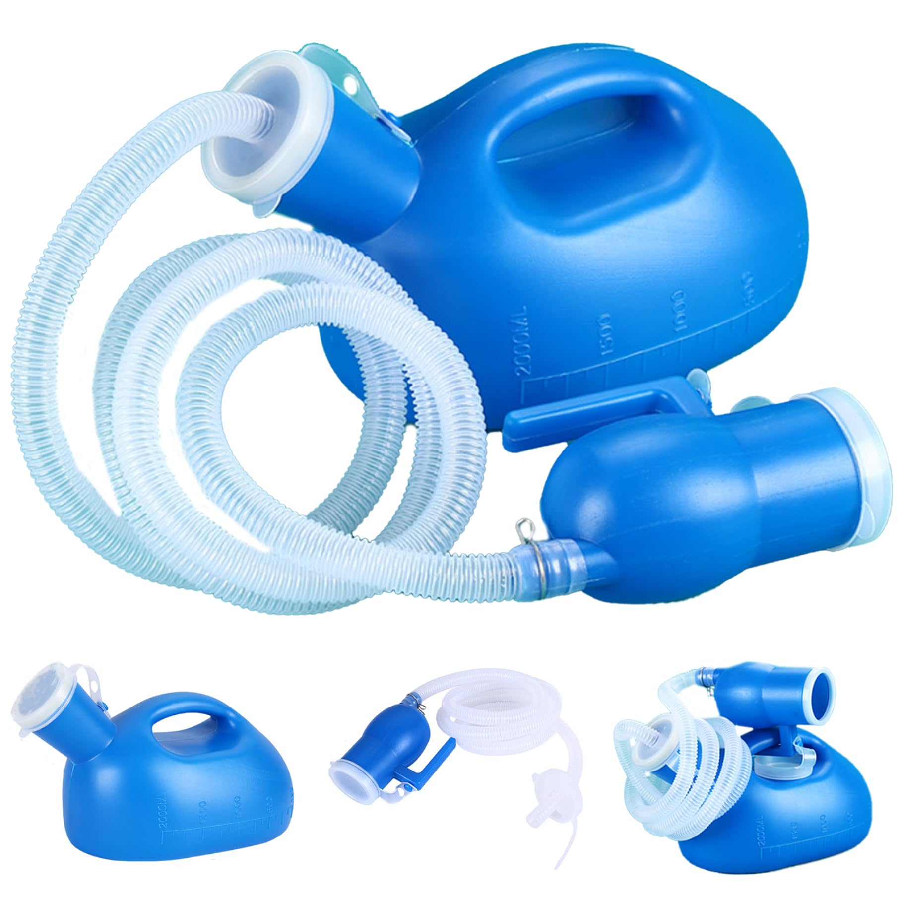 Orinal portátil para hombres, 2000 ml, a prueba de derrames, para viajes, hospitales, automóviles, camioneros, con tapa a escala, tubo de 63 pulgadas de largo, botellas para orinar para orinal mascul