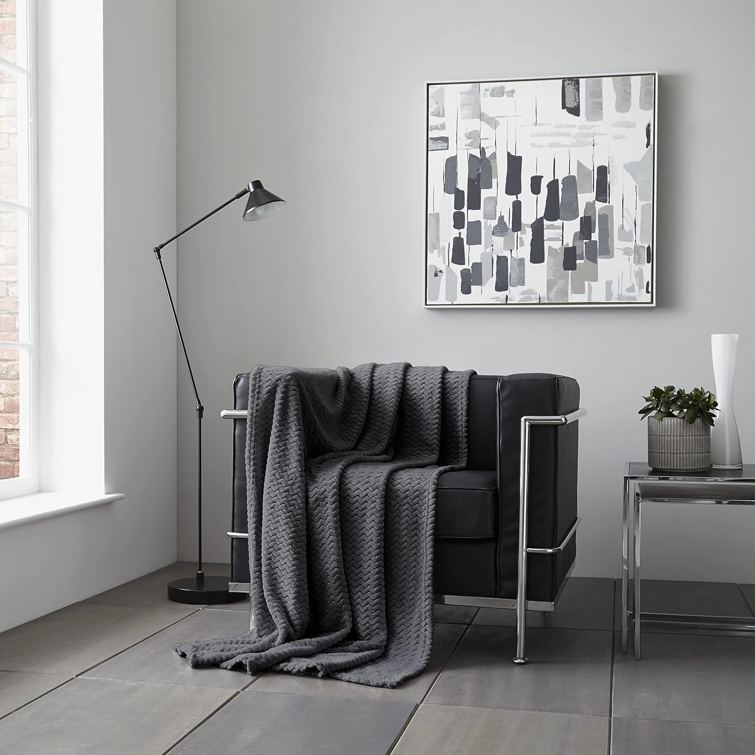 Gc Grey/ Charcoal Wavvy Pattern Thermal Warm Sherpa Fleece Blanket | Lightweight Fluffy Sofa Throws Large 3 Seater | Hypoallergenic Cuddly Travel Autumn Blanket (200X240 Cm, Charcoal)