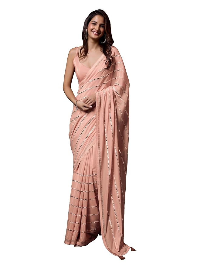 TRENDMALLS Women's Silk Embroidery Sequin Work Saree with Unstitch Blouse Piece