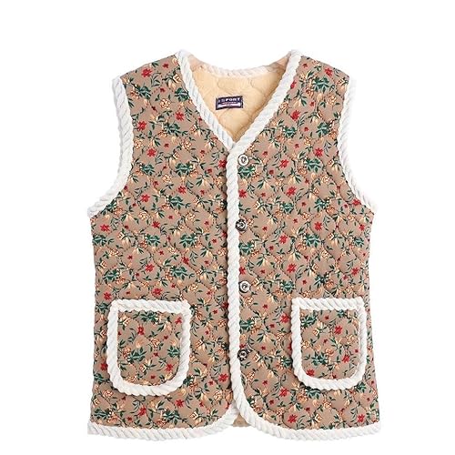 ハルモニチョッキ おばあちゃんチョッキ 韓国 ベスト 裏起毛 キルト 花柄 (JP, アルファベット, L, カーキ) [並行輸入品]のサムネイル
