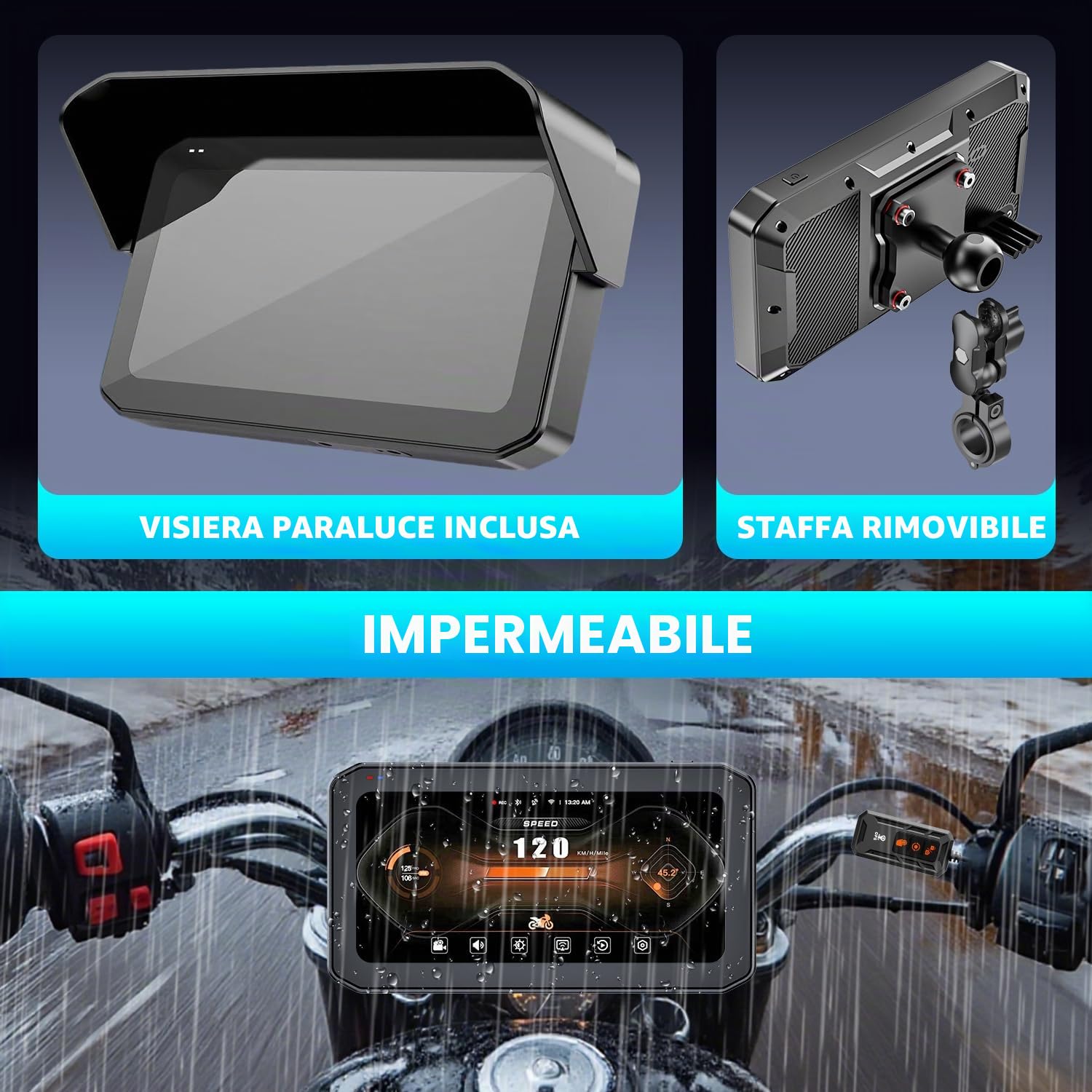 CarPlay Moto Android Auto con Telecamera, 2K Dash Cam Moto Anteriore e Posteriore, Schermo Tattile da 6,25" con GPS, TPMS, Navigatore, Telecomando, Scheda TF da 64 GB