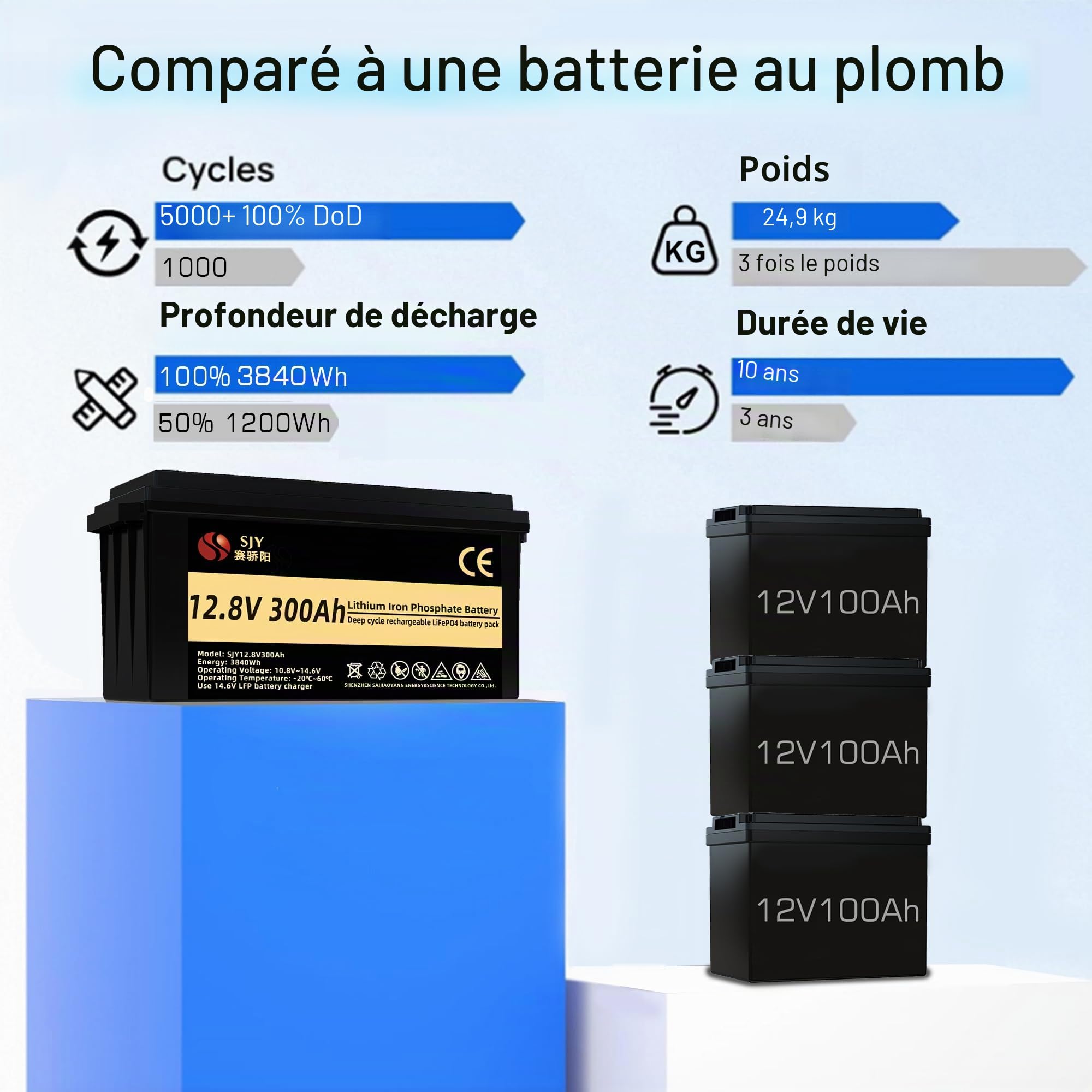 12V 300Ah LifePO4, Batterie au Lithium avec 200A BMS Cycle profond Classe A Batterie LiFePO4 avec LCD Parfait pour Off-Grid, RV, Système Solaire, Bateau, Camper, Remorque de Voyage
