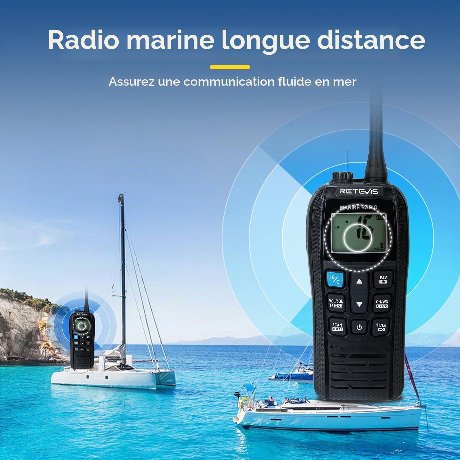 Retevis RM22 VHF Radio Marine, Radio Bidirectionnelle Marin Longue Portée | IP67 étanche Talkie Walkie, Flottante, 2200 mAh, 88 Canaux, Audio 900 MW, Drainage des Vibrations (Noir, 1 Pièce)
