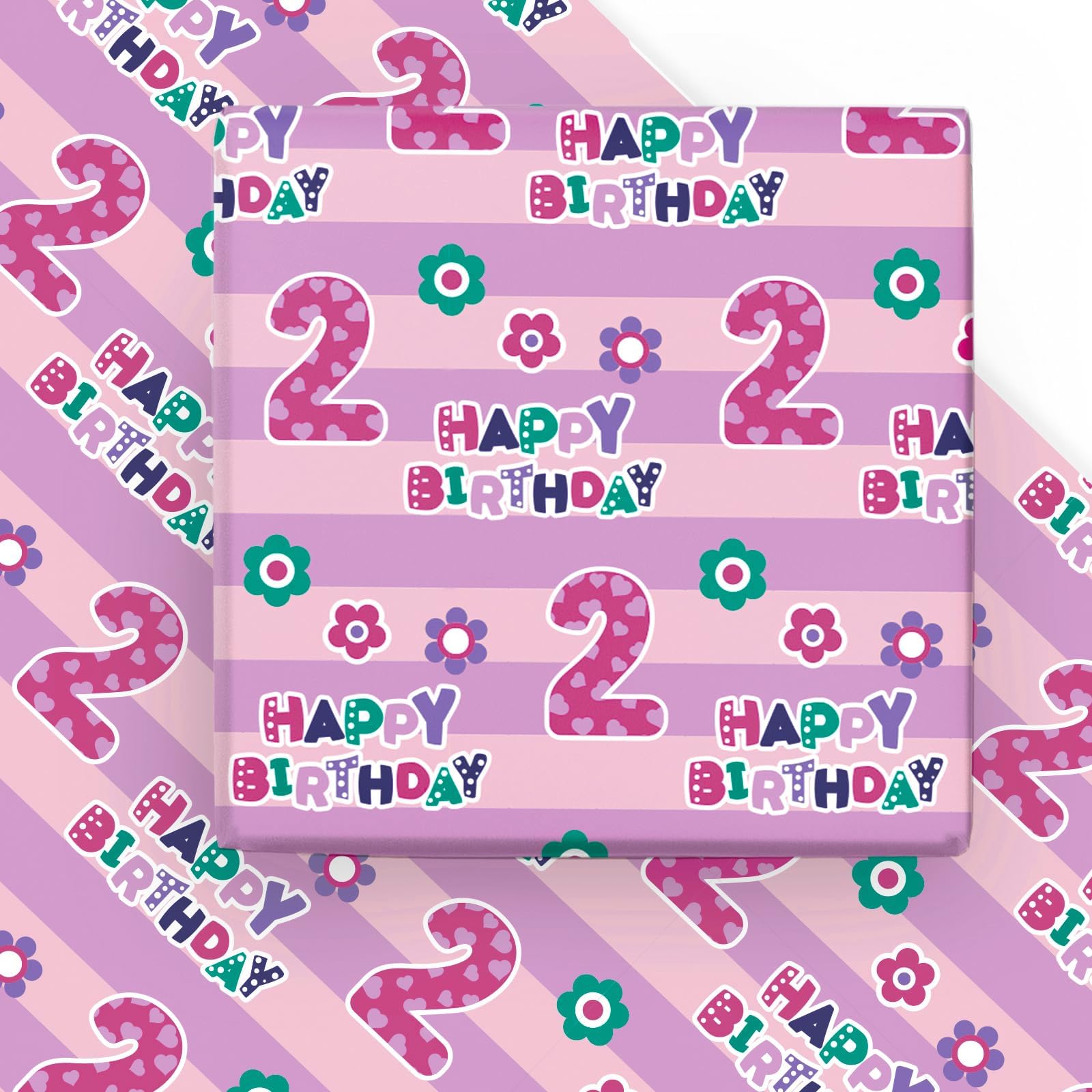 WRAPAHOLIC 2nd Birthday Wrapping Paper Sheet - 6 Sheets Pink Happy Birthday with Floral Design Folded Flat for Birthday, Party, Baby Showers - 19.7 Inch X 27.5 Inch Per Sheet
