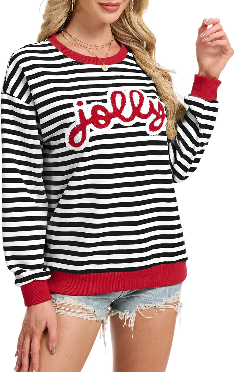 Gihuo Christmas Sweatshirts for Women Merry Jolly Oversized Crewneck Sweatshirt Xmas Pullover Top