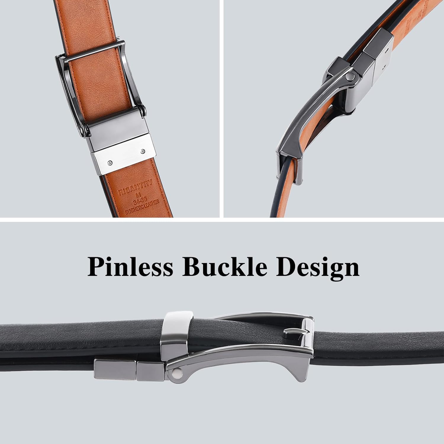 Men's Ratchet Black Belt Premium Synthetic Leather with Silver Buckle Business Style Adjustment for Casual - Image 4