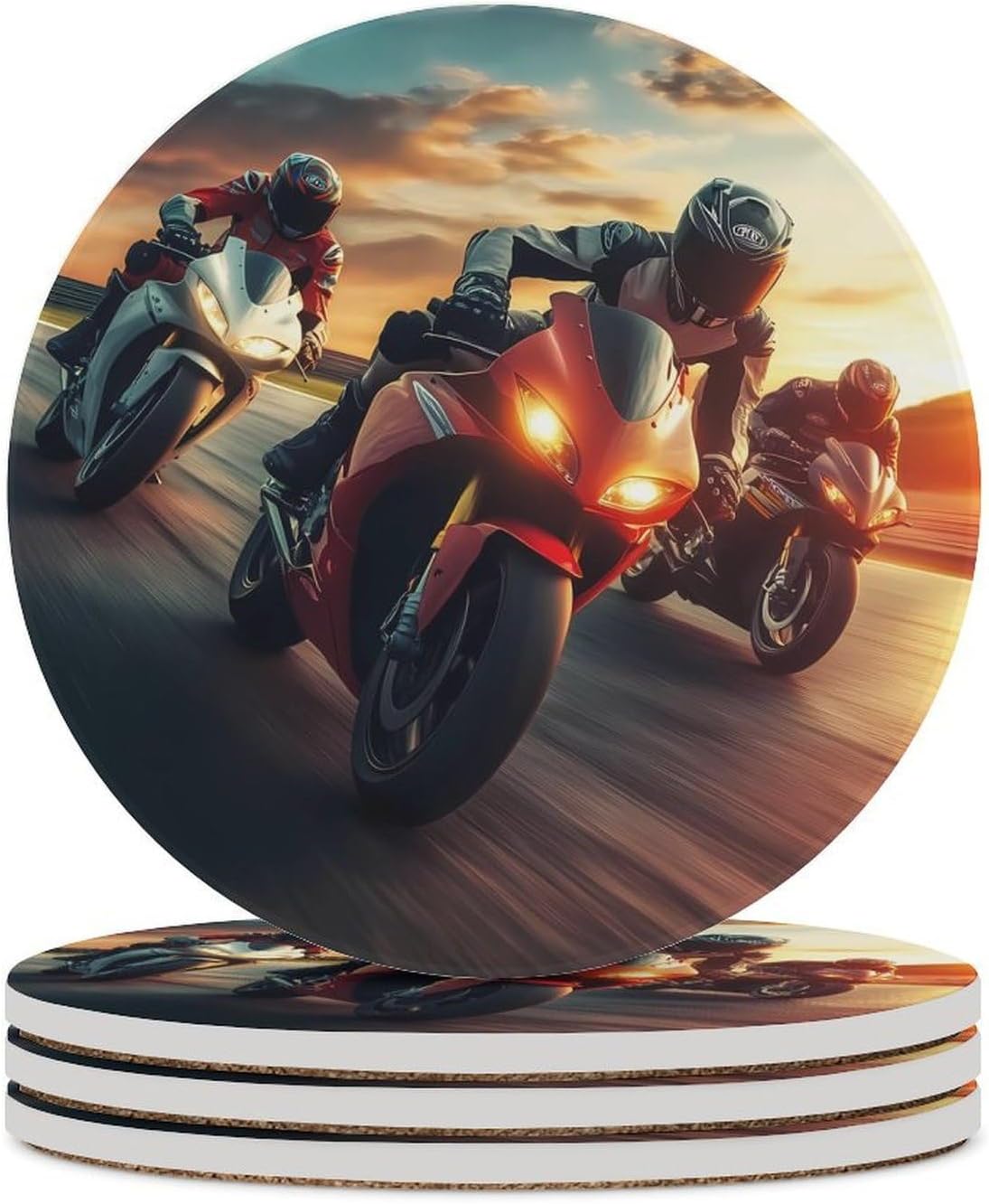Motorbike Motorcycle Racing Coasters for Drink Round Ceramic Coaster with Cork Base Home Decorative 4PCS
