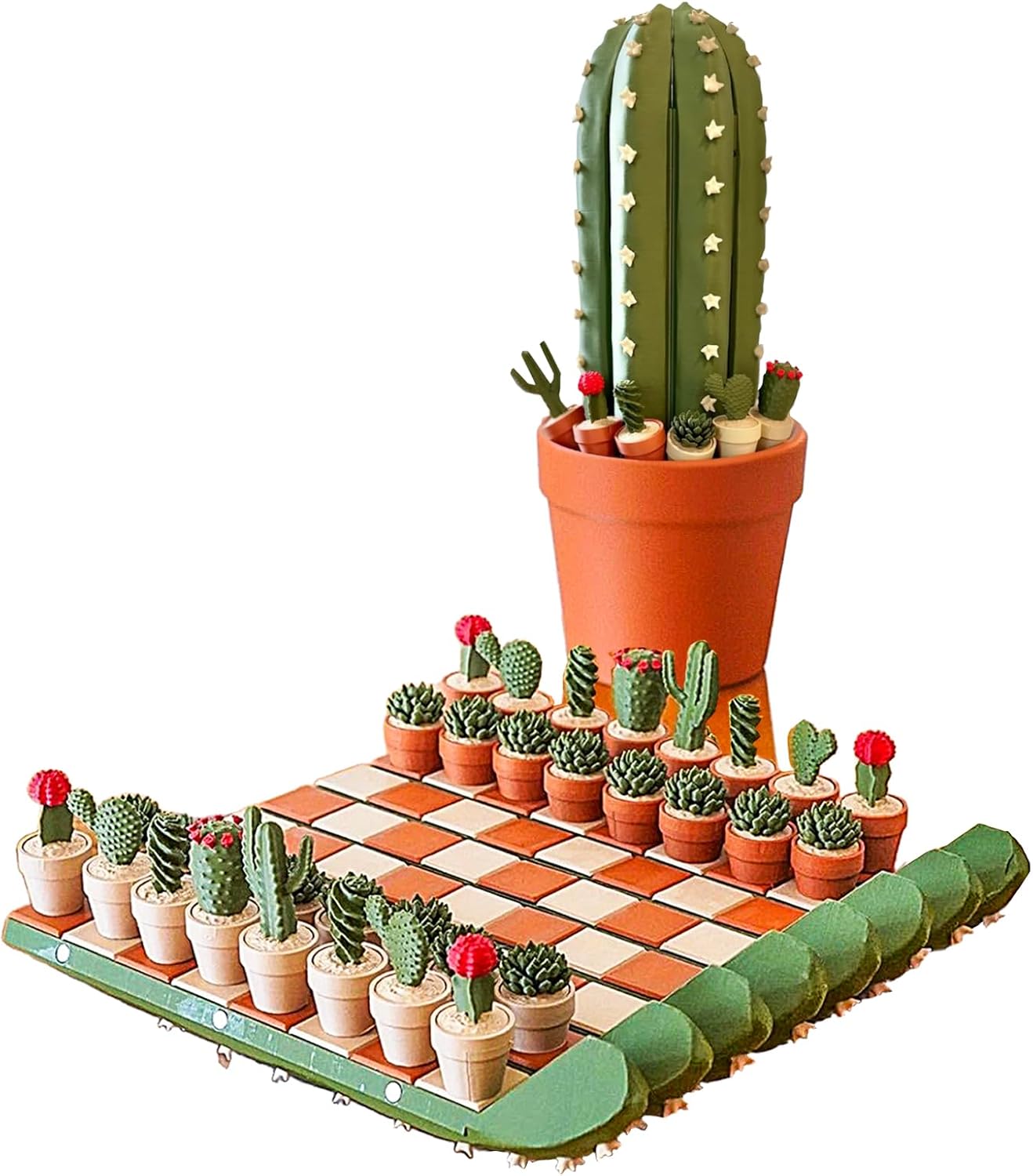 Cactus Chess Set for Adults & Kids, 32 Unique 3D-Printed Cactus Pieces with Roll-Up Mat & Planter Storage Box – Portable Travel Chess Board, Novelty Succulent Decor, Ideal Gift for Plant Lovers