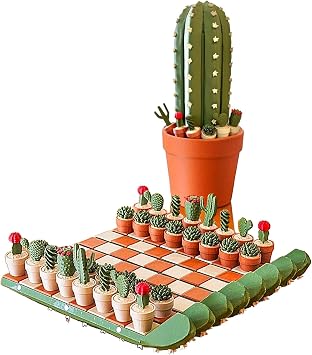 Cactus Chess Set for Adults & Kids, 32 Unique 3D-Printed Cactus Pieces with Roll-Up Mat & Planter Storage Box Portable Travel Chess Board, Novelty Succulent Decor, Ideal Gift for Plant Lovers