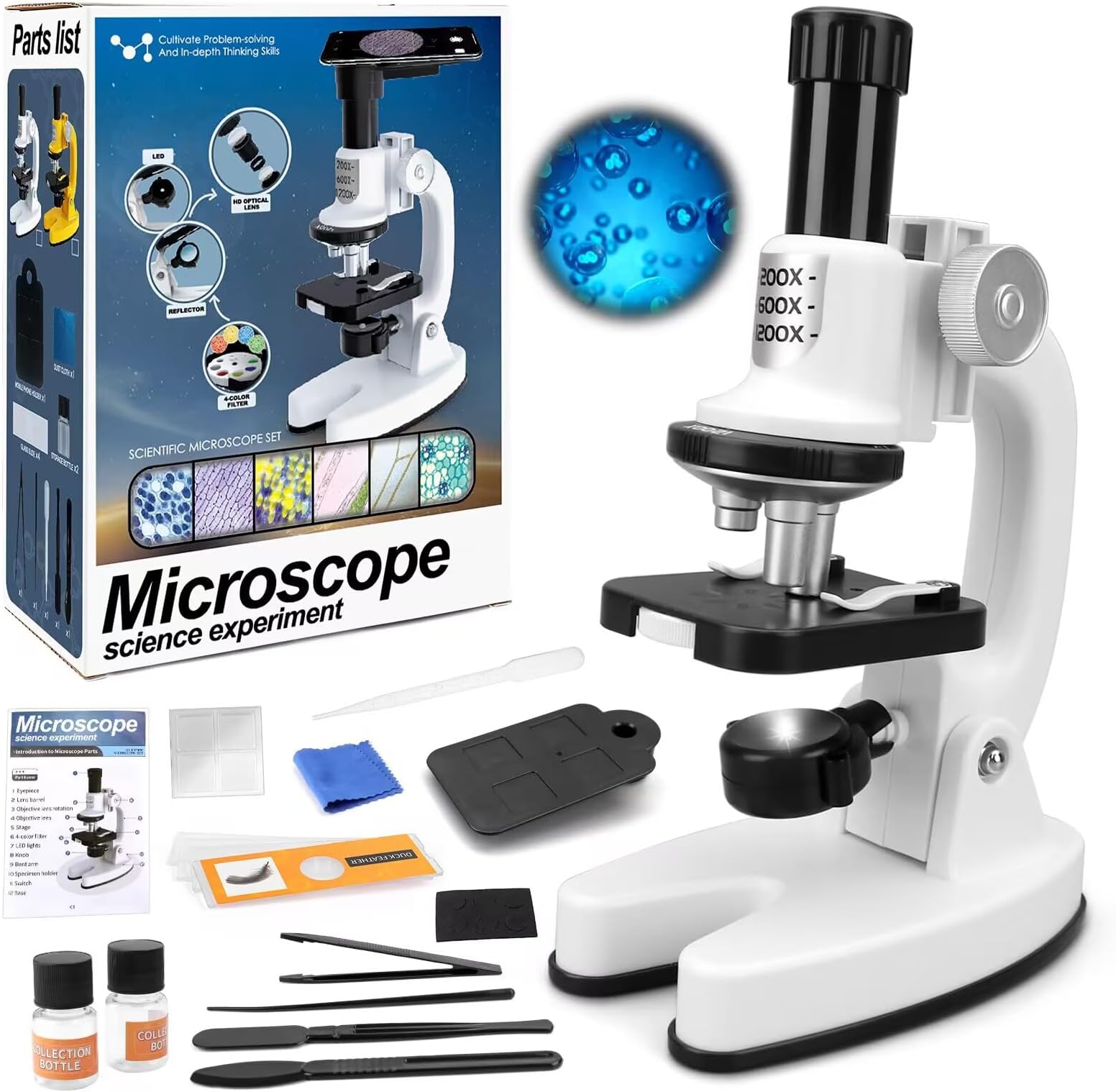 – deAO Microscope for Kids 1200X High-Power Science Microscope Kit with LED Light Mobile Phone Adapter 3D Slides, Magnifying Glass, Test Tubes, Color Filters, Stem Toys Science Explorer Tool, 8+ Years