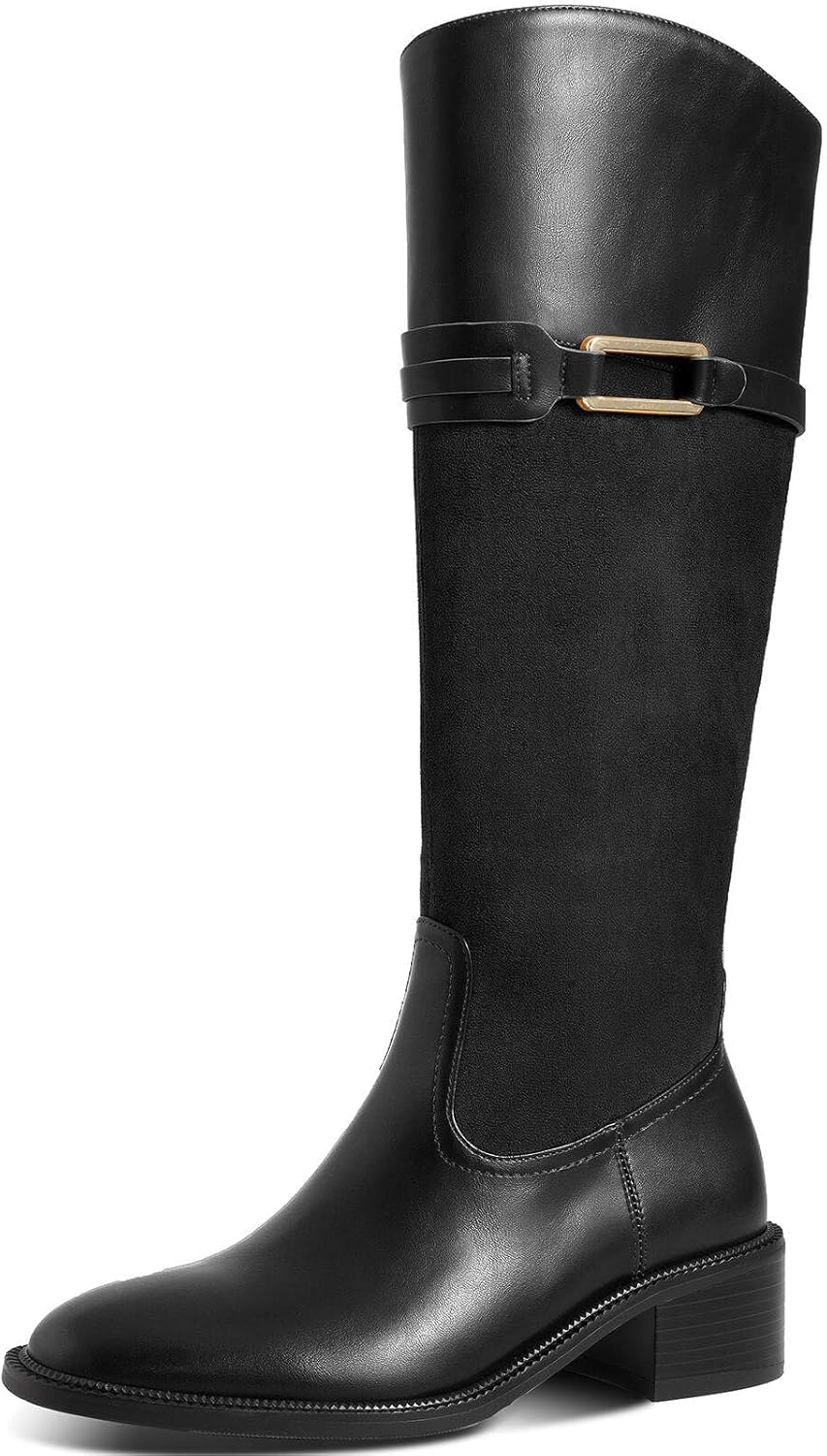 Women's Knee High Boots Round Toe Chunky Block Heel Side Zipper Buckle Riding Boots