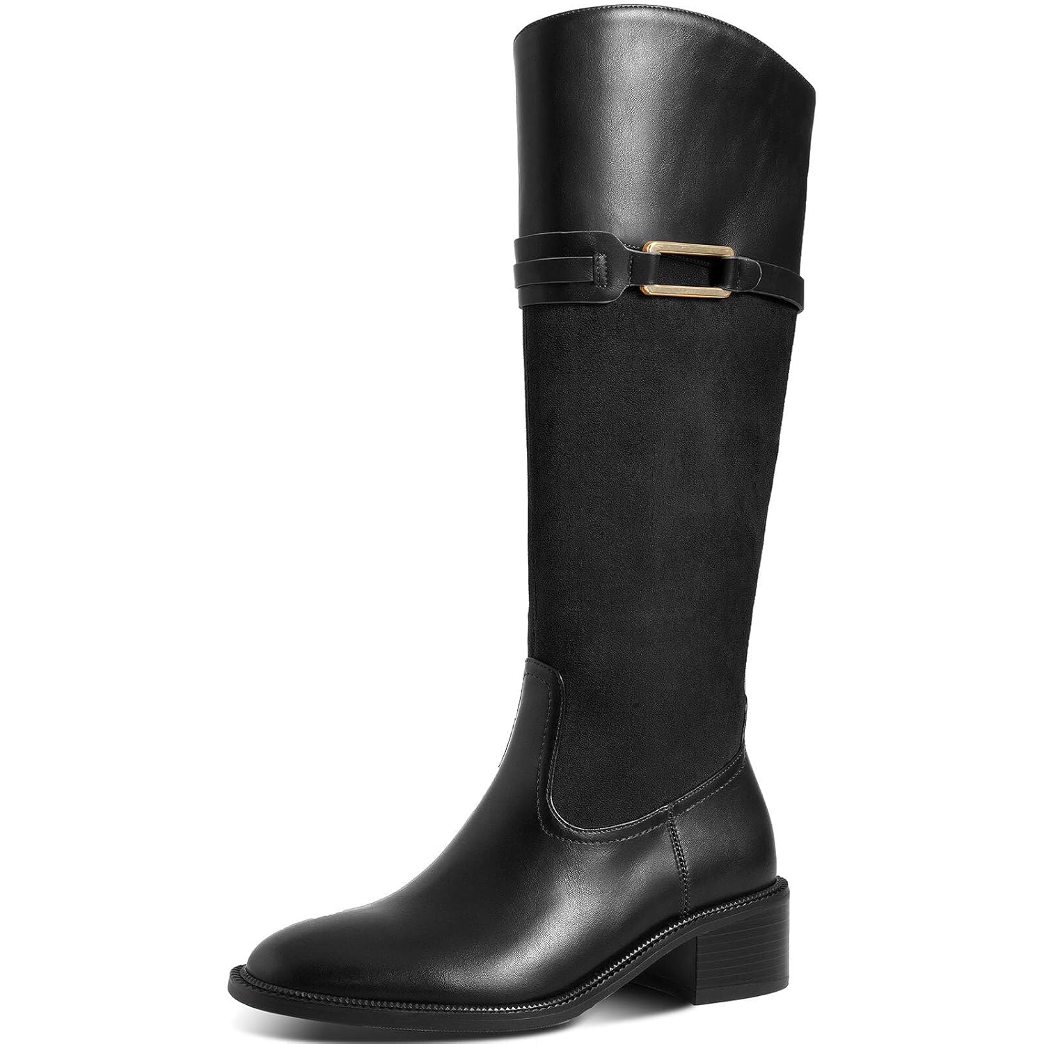 Womens Knee High Boots Round Toe Chunky Block Heel Side Zipper Buckle Riding Boots