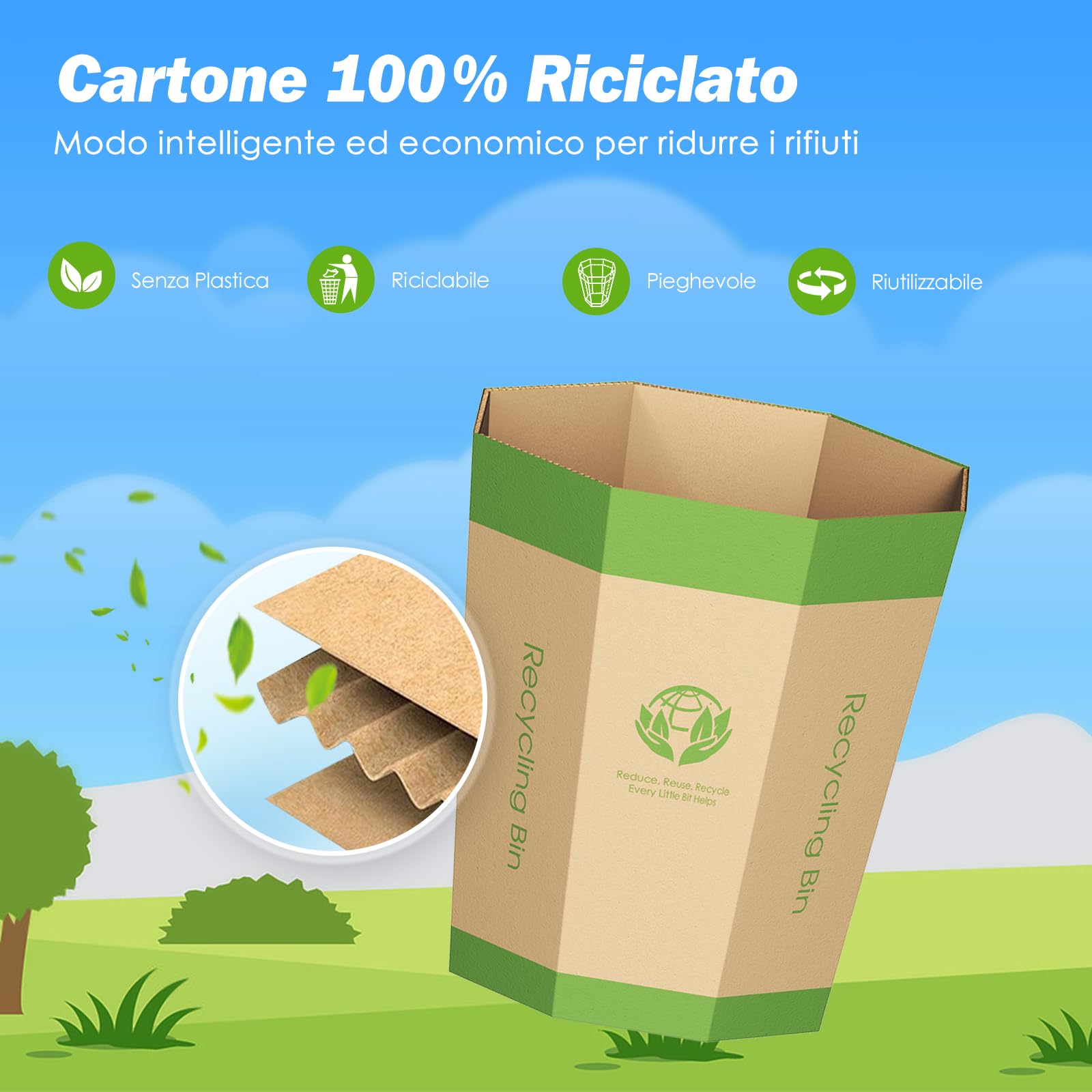 Set da 6 Cestini Spazzatura in Cartone–Cestini Pieghevoli, Riciclabili, Senza Plastica e Riutilizzabili–Piccoli Pattumiera Perfetti per Uffici, Camere da Letto, Casa, Eventi e Attività all’Aperto(12L)