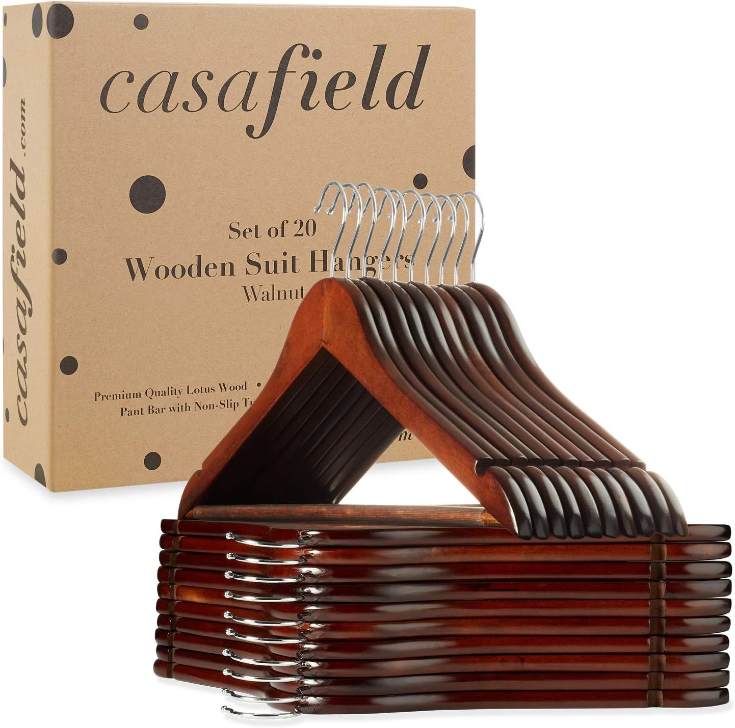 Casafield - 20 Walnut Wooden Suit Hangers - Premium Lotus Wood with Notches & Chrome Swivel Hook for Dress Clothes, Coats, Jackets, Pants, Shirts, Skirts