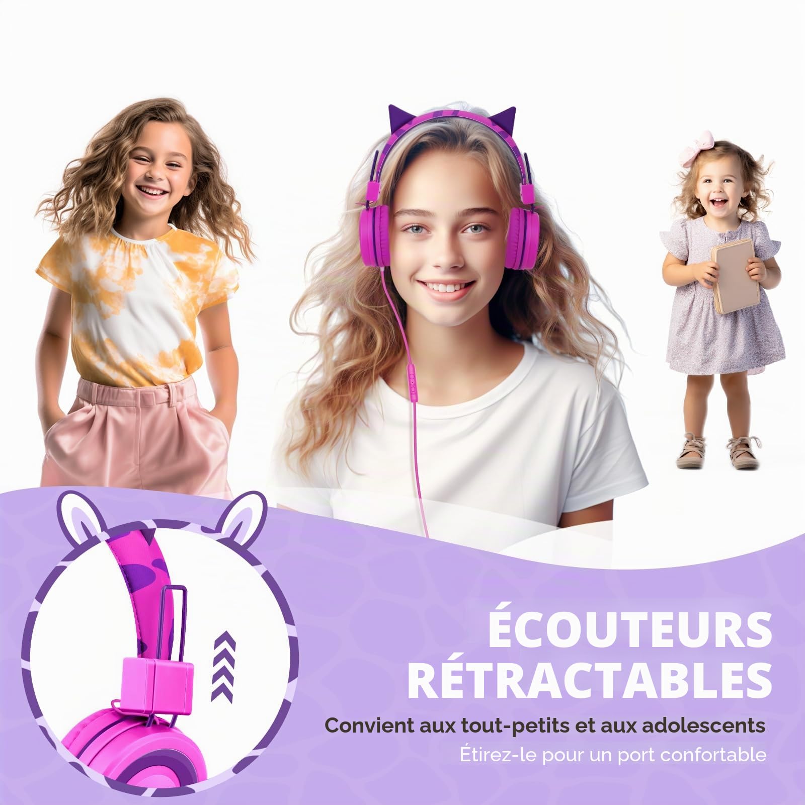 JYPS Écouteurs pour Enfants, Oreilles de Chat Mignon Écouteurs pour Enfants, garçons/Filles filaires, 2-12 Ans réglable Tout - Petits écouteurs, Pliable 3,5 mm Jack Casque pour iPad/Fire Tablet