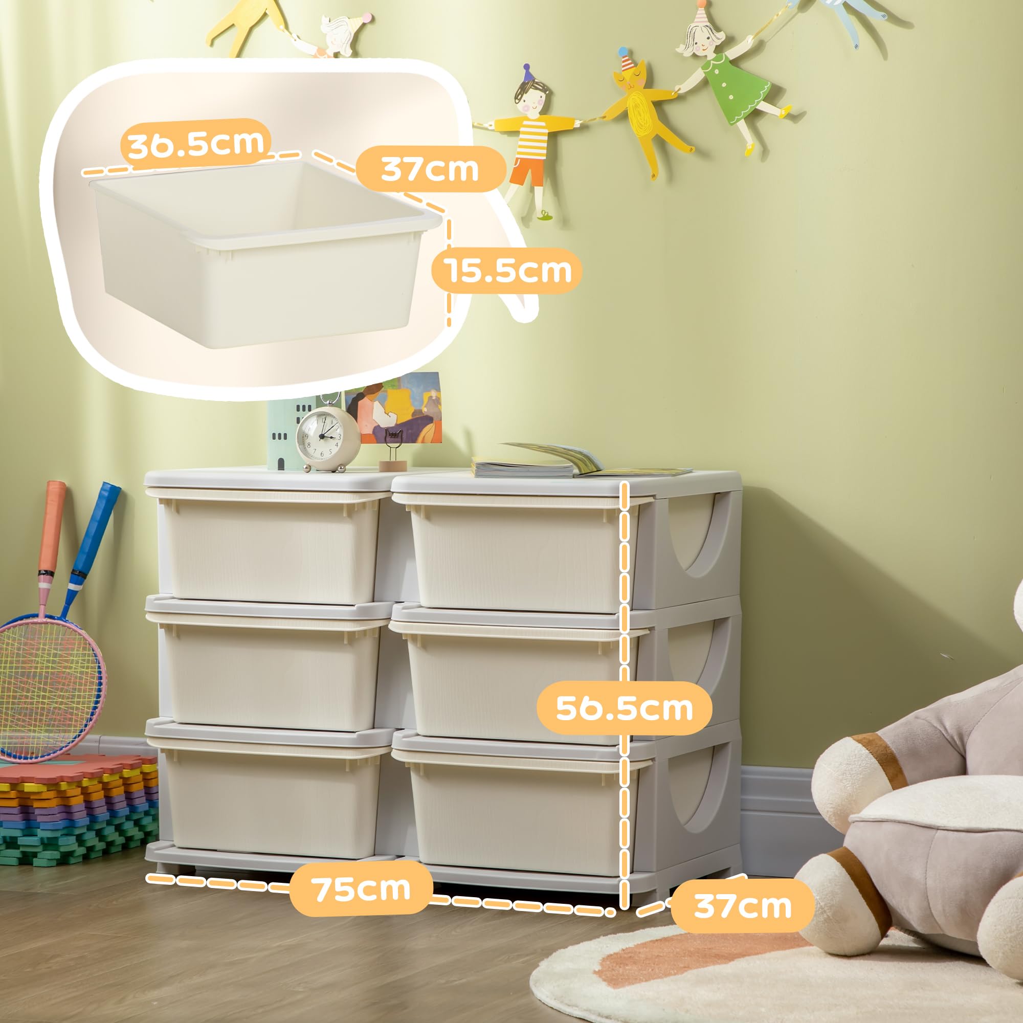 HOMCOM Mobile Cassettiera per Bambini 3-6 Anni con Bordi Arrotondati, Cassettiera Moderna in PP, 75x37x56.5 cm, Bianco Crema
