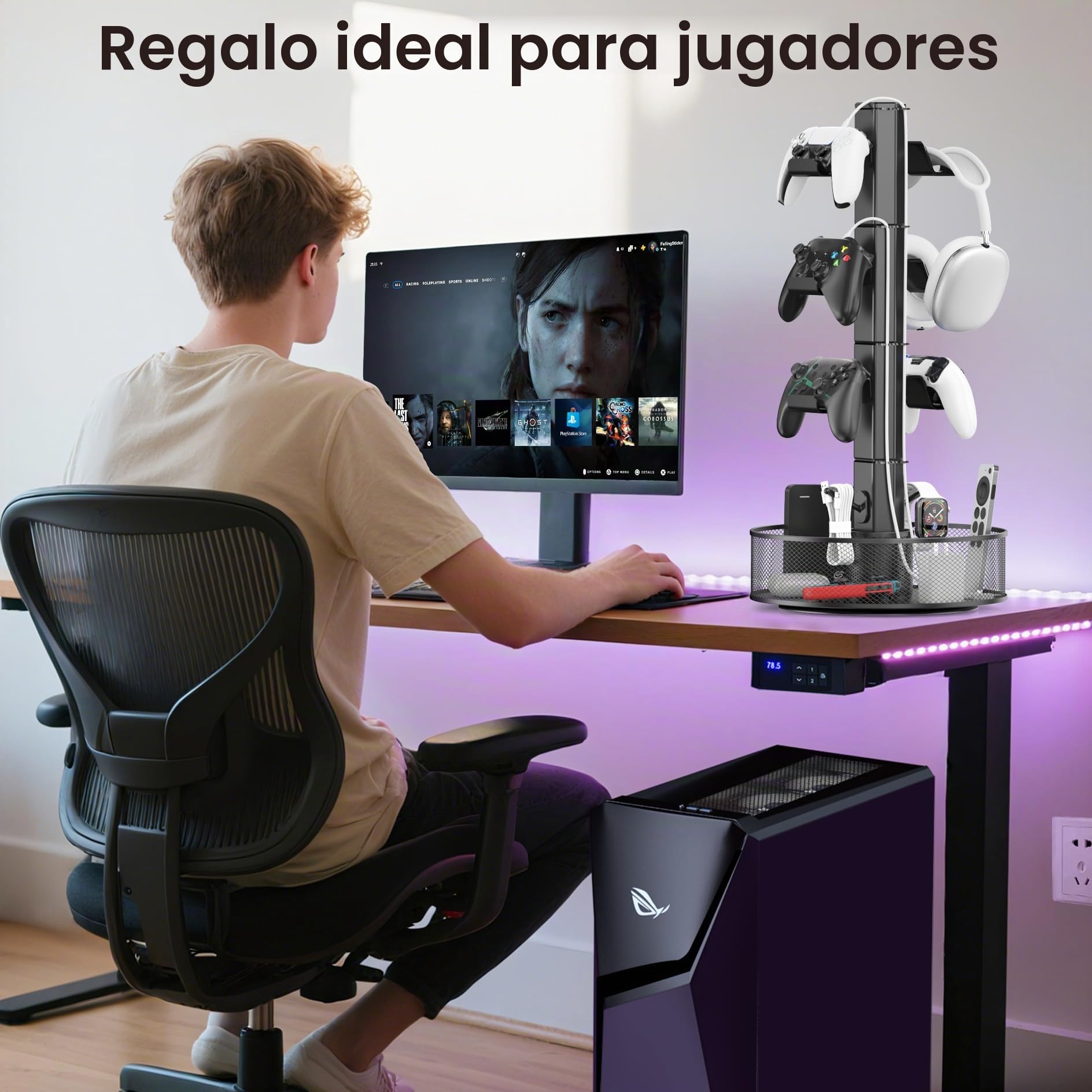 Kosker Soporte para Mando Mesa de Gran Capacidad con Cesta Giratoria, Universal Soporte Auriculares y Mando para PS5/PS4/Xbox/Switch/PC Accesorio, Colgador Cascos con Organizador de Cable, 4 Niveles