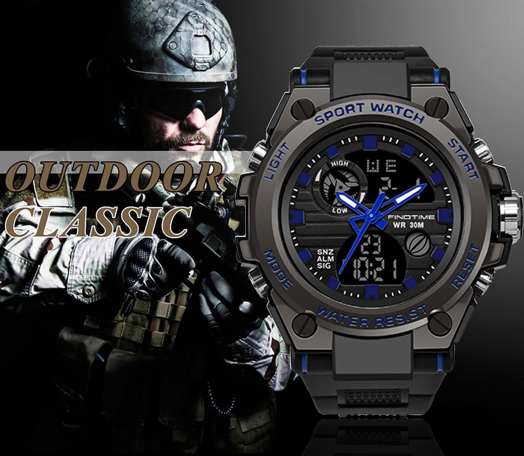 findtime Montre Militaire Tactique de Sport pour Homme Chronomètre à Grand Cadran, Alarme, Double Affichage de l'heure, rétroéclairage, Montre-Bracelet étanche pour l'extérieur, analogique numérique