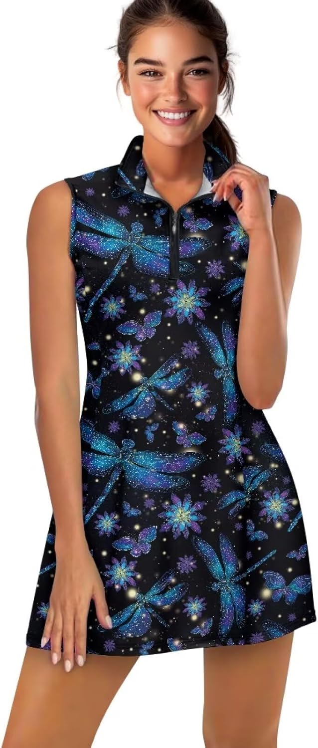 2025 Tennis Dress for Women Skull Soft Zip Up Tennis Golf Shirts Dresses with Built in Shorts and Pockets