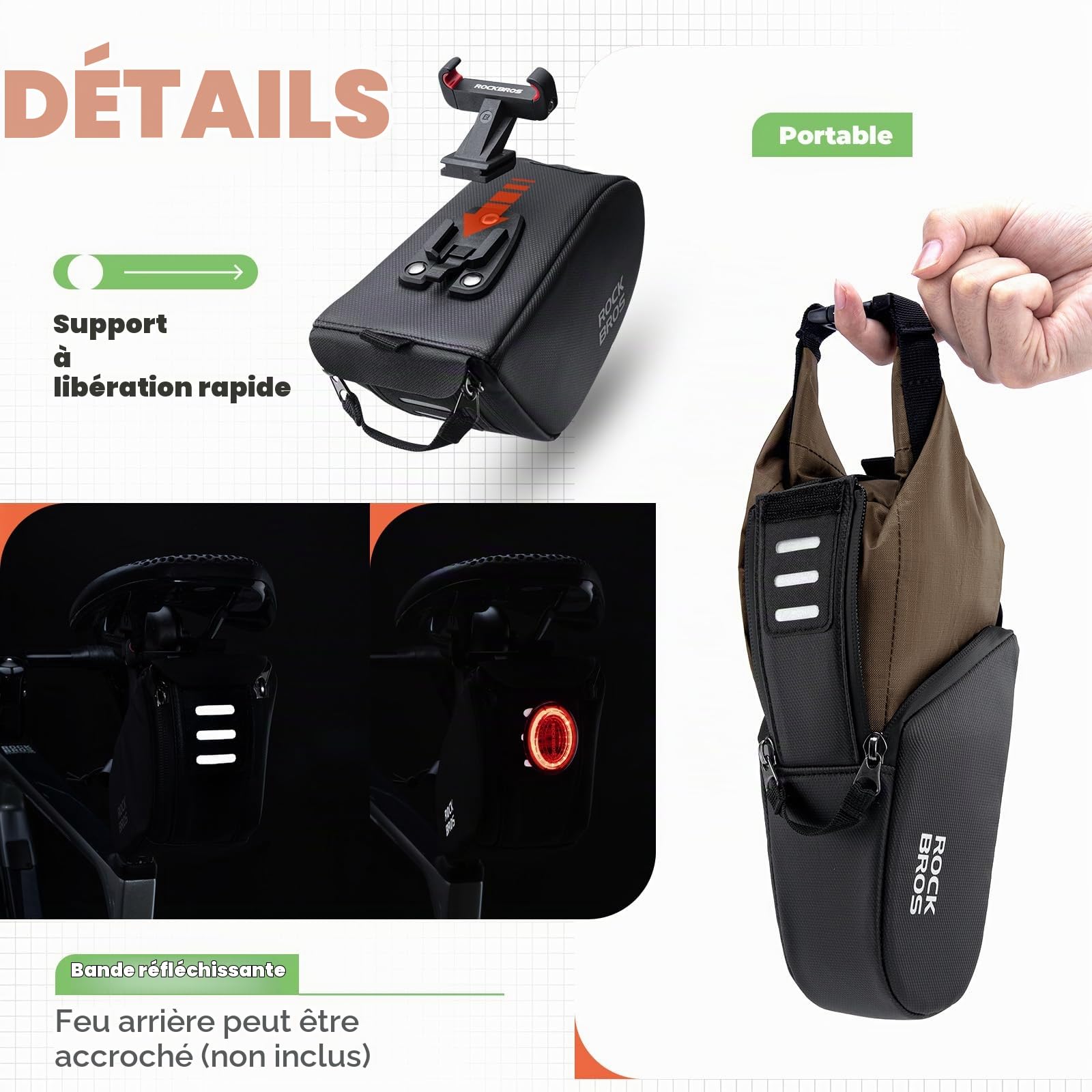 ROCKBROS Sacoche Selle Vélo 0,8-1,3L Séparation Interne Externe Extensible Sac Tige Siège VTT Arrière Étanche Réfléchissant Montage Rapide Feu Suspendable Stockage Compartimenté Vélo Route Pliant Vert