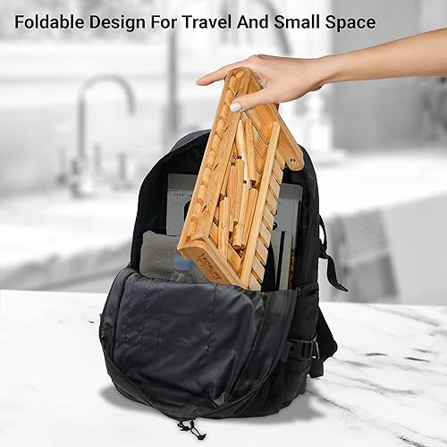 Miniatura 5 de Estante de secado de bambú que ahorra espacio, estante de secado de biberones plegable para encimera, juego de cepillos para botellas, plato,