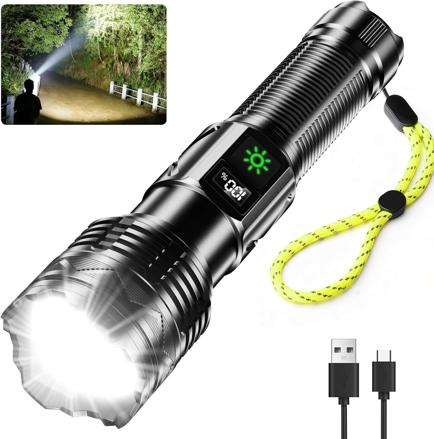 Rechargeable Flashlights High Lumens, Powerful Flash Light with 5 Modes & USB Cable, Zoomable with LCD Digital Display, Handheld Flashlight for Camping Outdoor, Walking & Emergencies