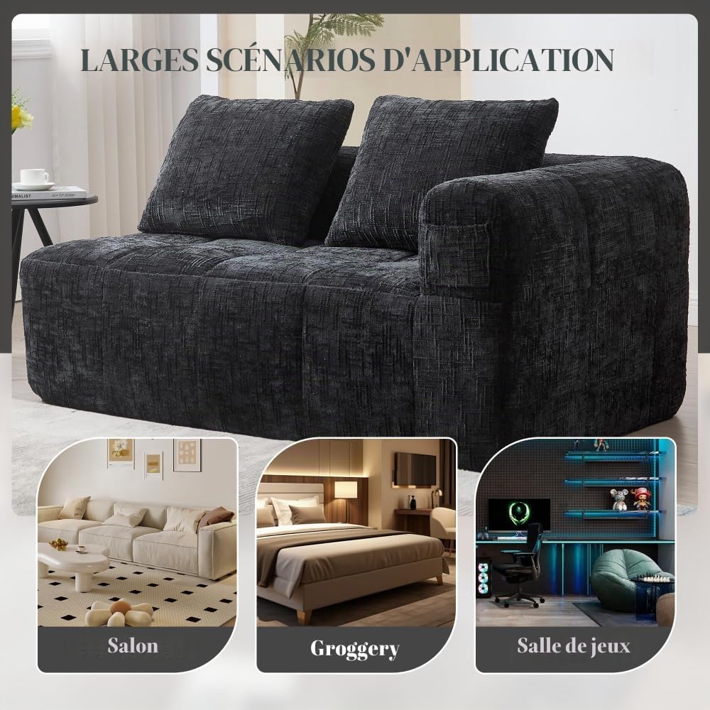 Sapgaks Canapé convertible de 1 à 3 places, canapé modulaire, canapé d'angle modulaire, avec poches latérales, en chenille, avec méridienne et accoudoirs, coussin d'assise inclus (noir + chenille + 2