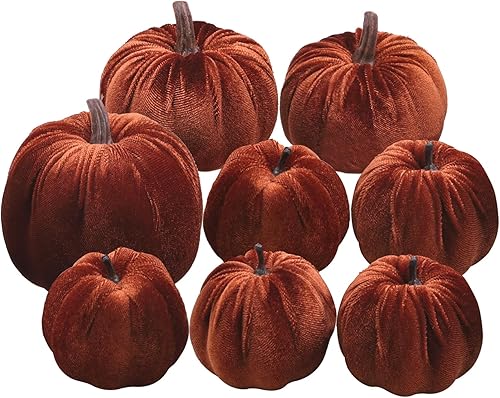 Woration 8 calabazas artificiales de Halloween, decoración de terciopelo de tela falsa, calabaza, varios tamaños, marrón, cosecha de otoño,