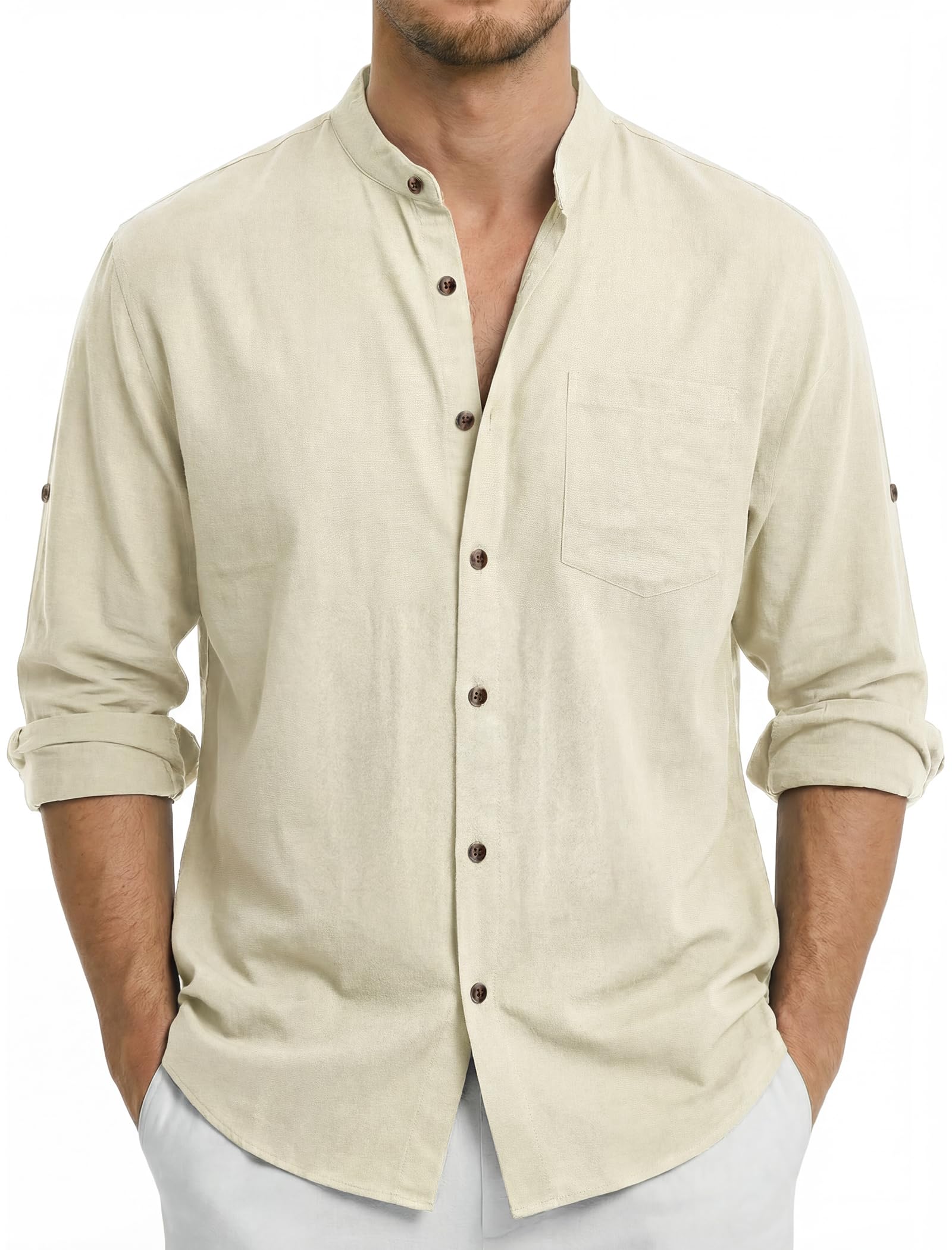 Enlision Chemise en Lin Homme Manches Longues Chemise Homme Été Col Mao Leger Respirant et Décontractée pour La Plage Henley Shirt S-4XL