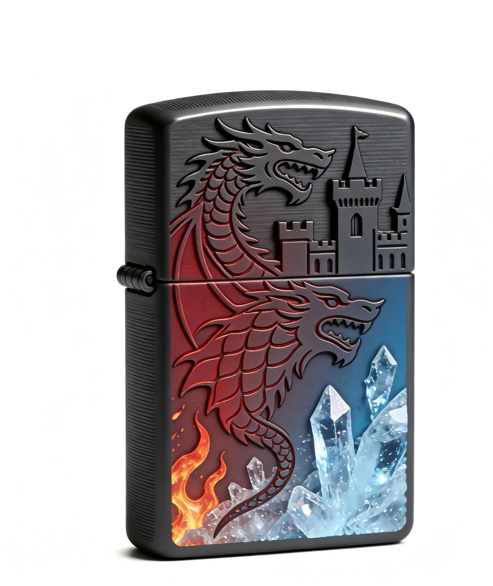 Cool Dragon Castle Carved Kerosene Lighter Windproof Reusable Wheel Grinding Fire Lighter for Outdoor Indoor Use (A)