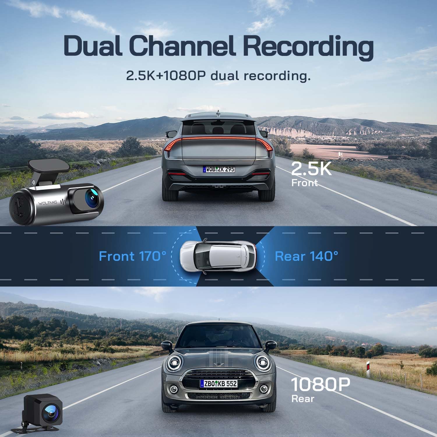 WOLFANG Cámara de Coche Delantera y Trasera 4K UHD, Dashcam de Doble Lente para Coches de 170º Gran Angular Monitor de Aparcamiento 24H con Grabación en Bucle y Sensor G