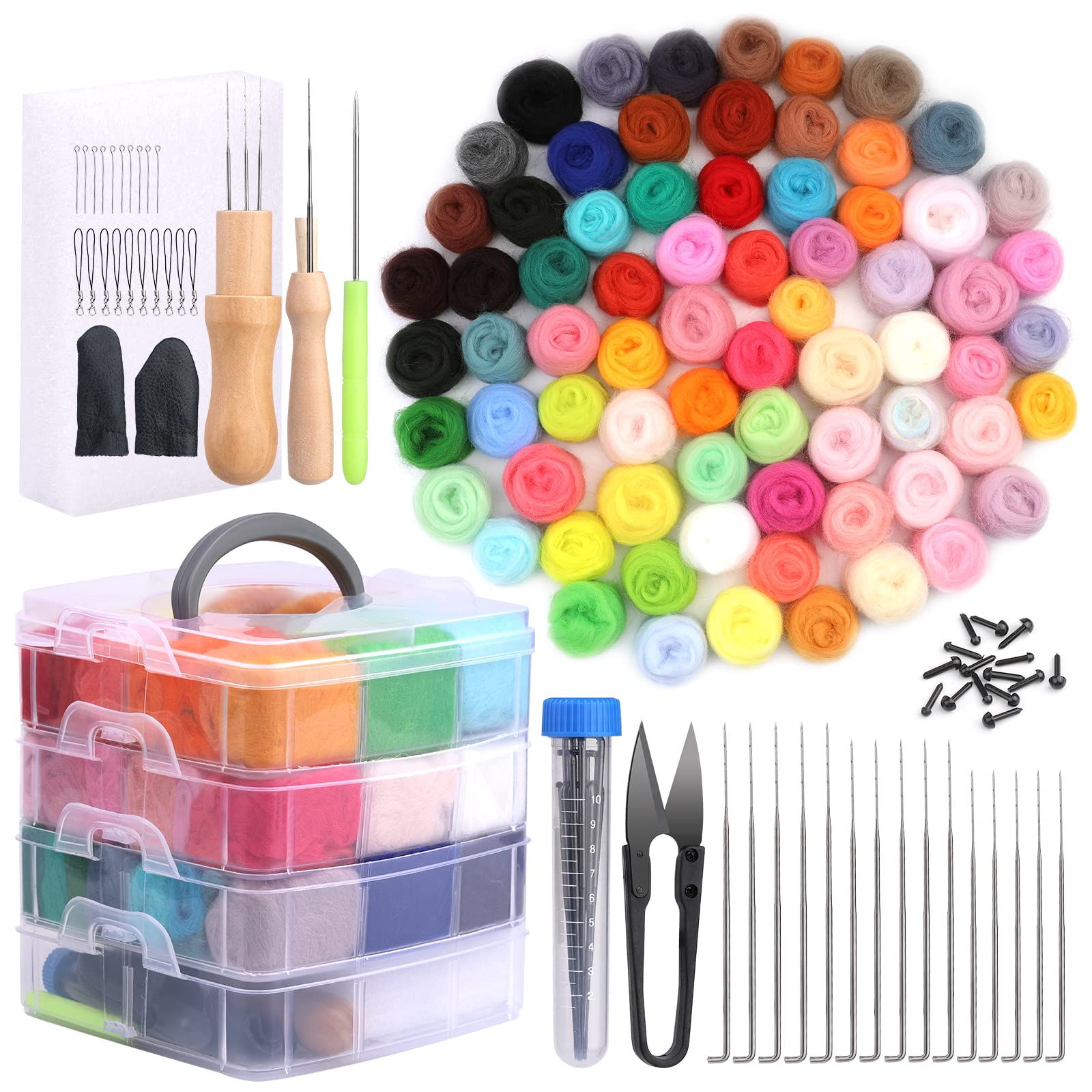 Juego de 128 piezas de fieltro punzonado, herramientas básicas y accesorios, material hilado de fibra de lana para manualidades para principiantes DIY fieltro animal artesanía