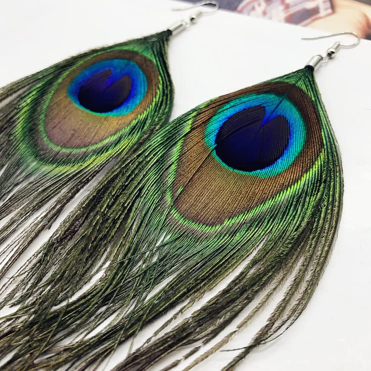 Bohemian Peacock Plume Earrings Necklace Set - Natural Feather Ear Drop Dangle Earrings - Lightweight Boho Large Earrings for Women2